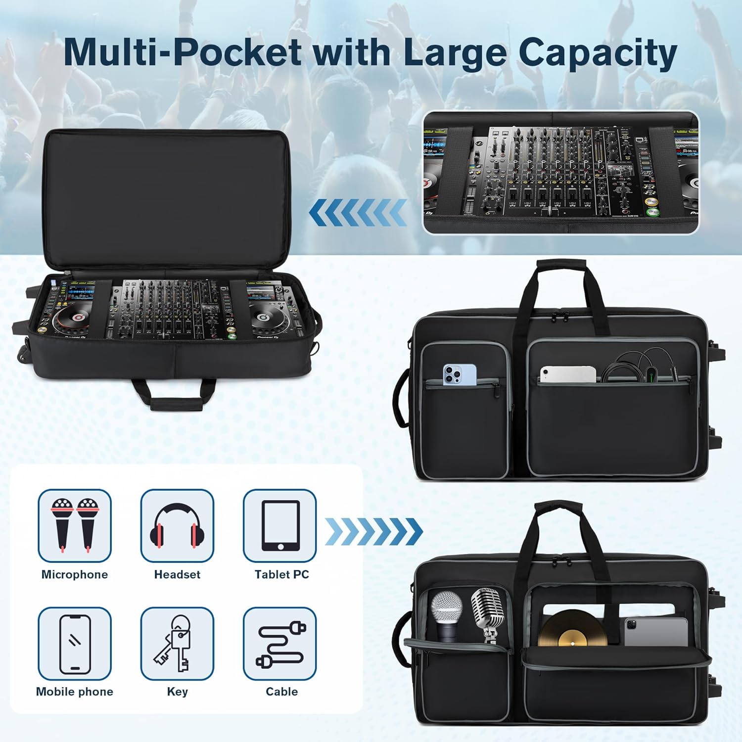 DJ Case with Wheels Compatible with DDJ FLX10/1000/1000SRT/REV7/REV5/SCLIVE 4,DJ Controller Case for Pioneer DJ Equipment,DJ Controller Bag with Multi-pocket for DJ Accessories,Soft DJ Backpack