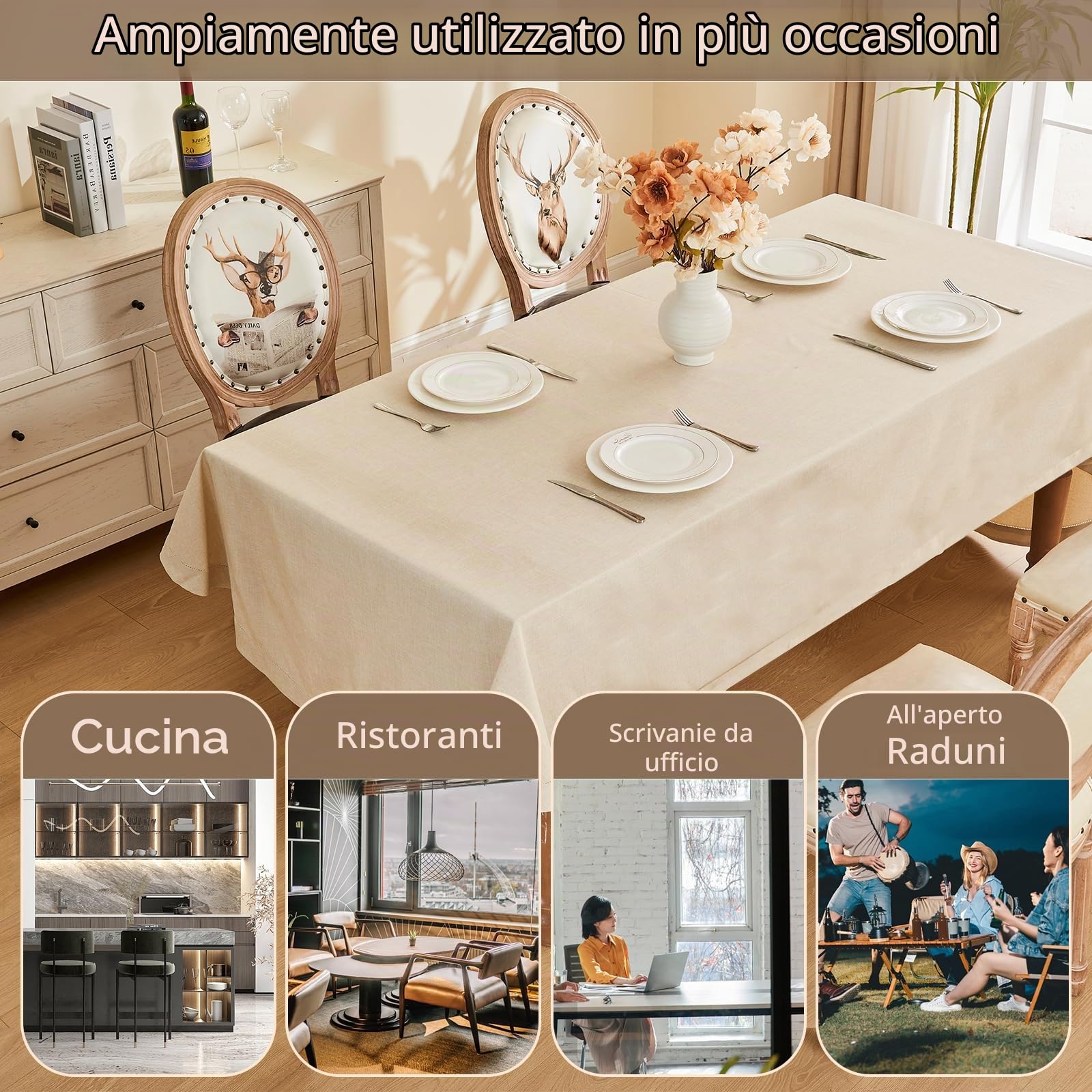 Tovaglia Ovale Lavabile, Tovaglia da Tavola Beige in Lino 155x240cm, Texture Di Alta Qualità, Tovaglia di Facile Manutenzione, Effetto Lino, Punzonata a Mano