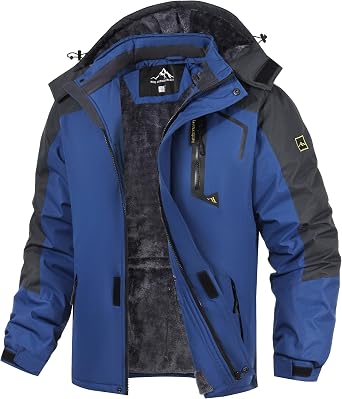 Outdoor Jacket Mens Winter Hiking Wear, Fleece-Lined, Mountain Parka, Cold Protection, Multi-Scene, Windproof, Water Repellent, Stain Resistant, Zipper Closure, Detachable Hood