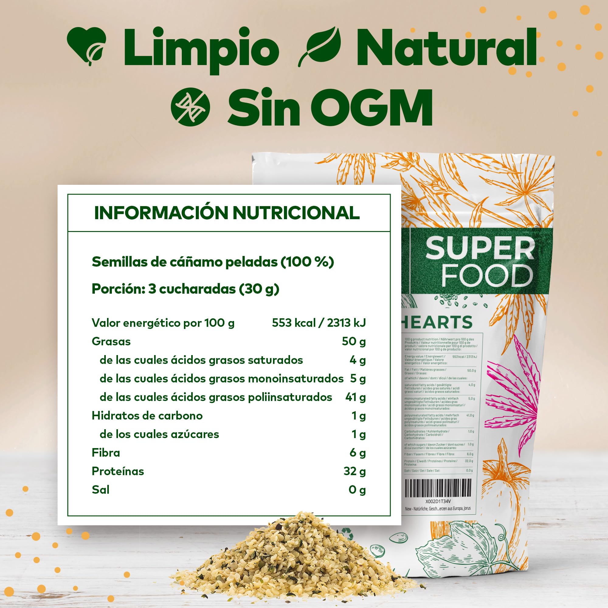 Jorus Semillas de Cáñamo Naturales Descascaradas y Crudas 1kg – Fuente Rica en Omega 3 y 6, Proteína y Fibra, Perfectas para una Dieta Saludable, Origen Europeo, Sin Aditivos - Hemp Seeds
