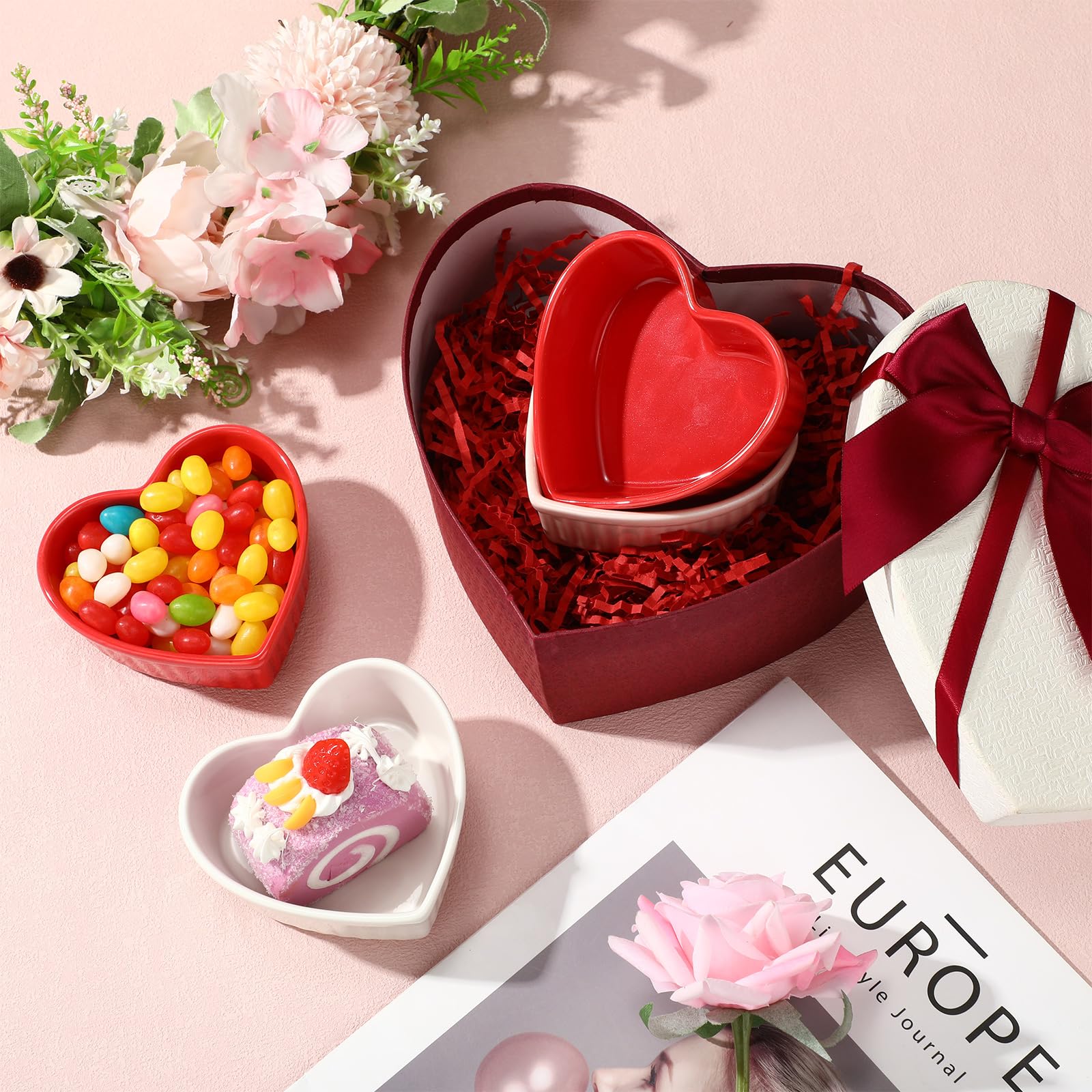 Ramequines de cerámica con forma de corazón para el día de San Valentín, 6 onzas, aptos para horno, platos de crema brulee, cuencos pequeños para hornear, para cocina, fiesta, aperitivos, servir,