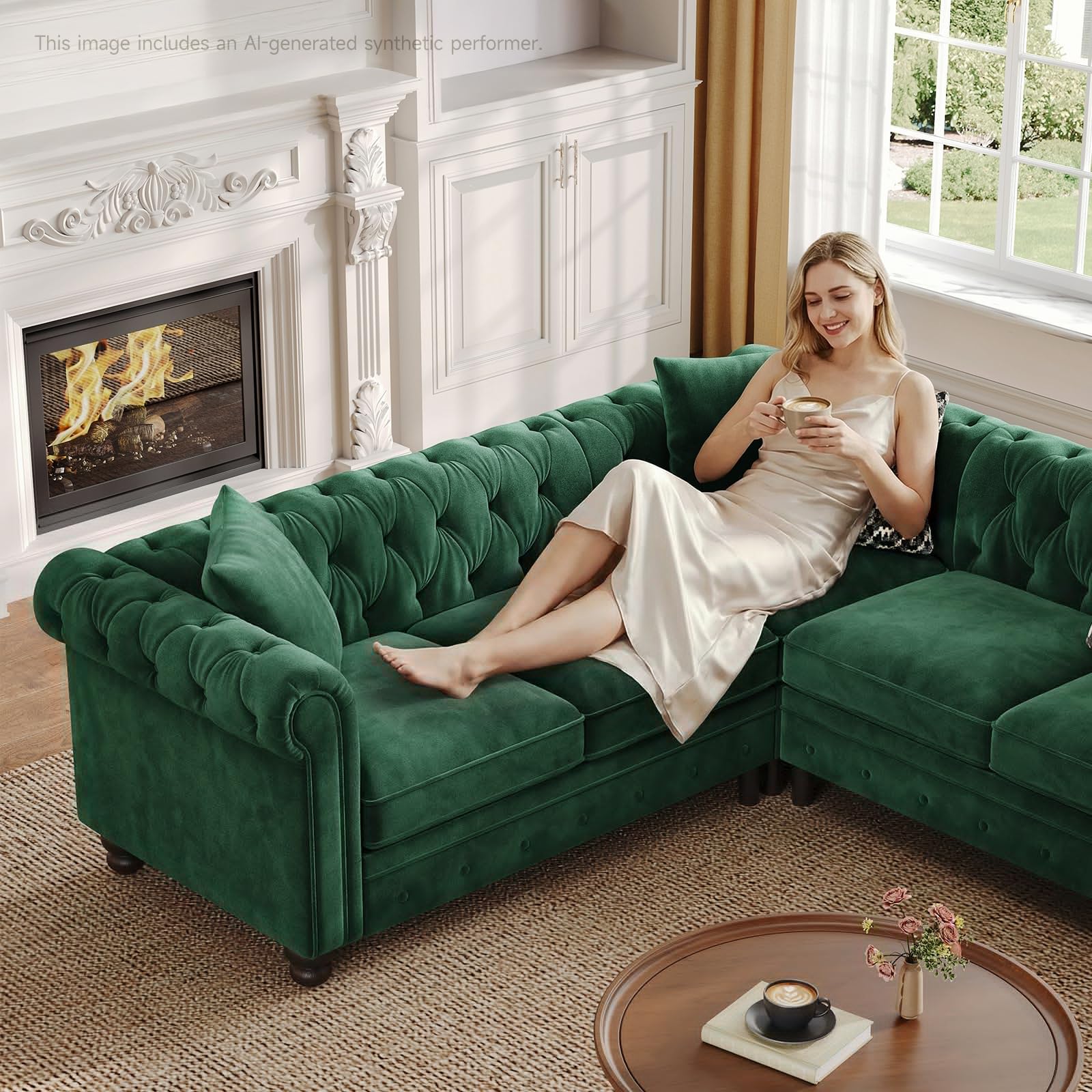 Velvet Chesterfield Sofa, L Shaped Sectional Sofa with Tufted Back & Rolled Arms, 3 Throw Pillows, Small Corner Sectional Couch for Living Room, Apartment, Green