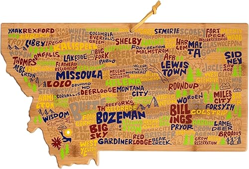 Totally Bamboo Tabla de cortar con forma de estado de Montana y bandeja para servir charcutería con ilustraciones de Wander on Words, incluye