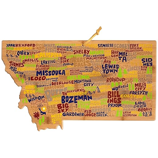 Totally Bamboo Montana State Shaped Cutting Board and Charcuterie Serving Platter with Artwork by Wander on Words, Includes Hang Tie for Wall Display