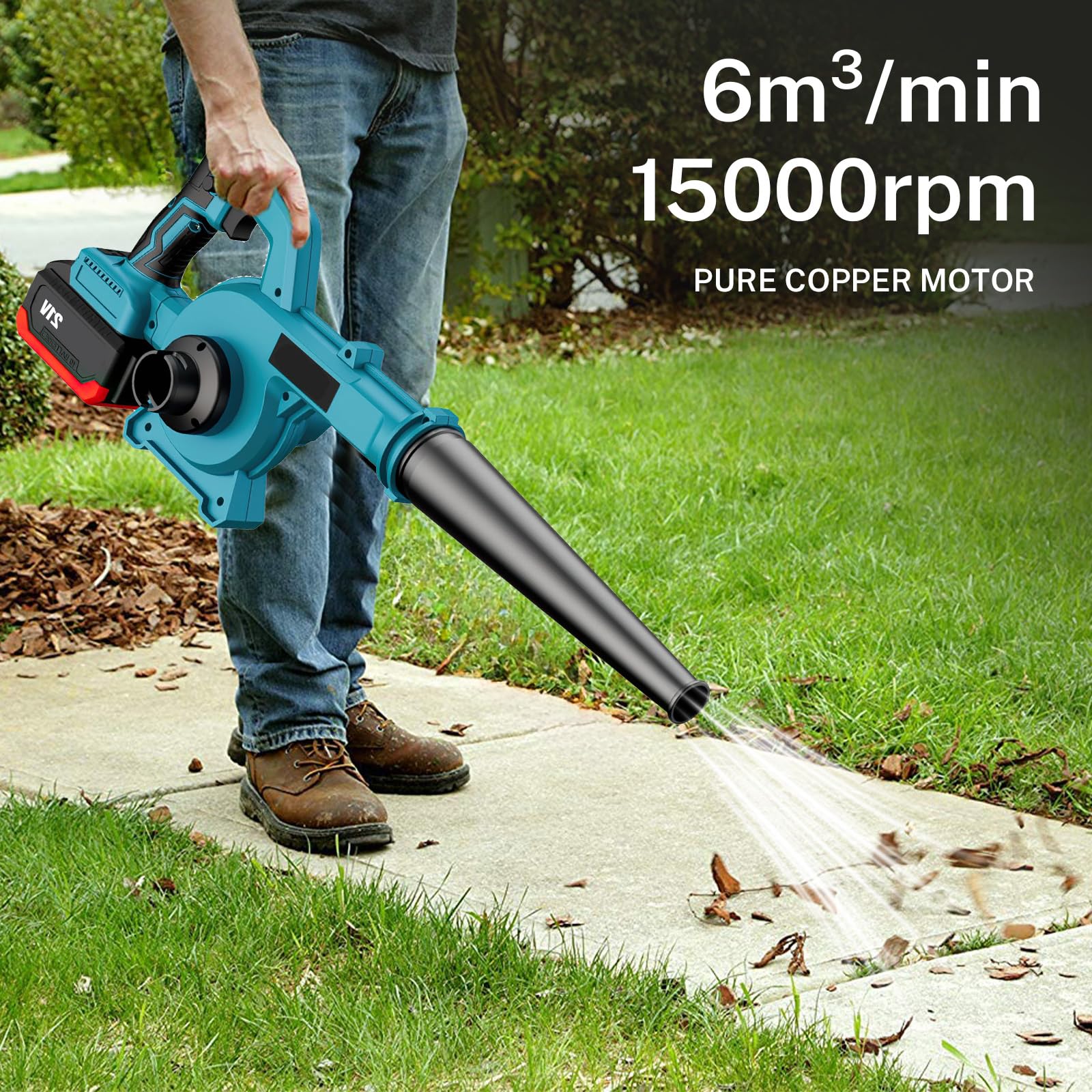 Soplador de hojas inalámbrico | Con 2 x 7500 mAh, 21 V, motor de cepillo potente 1000 W, 15 000 rpm, para jardín, callejones y terrazas
