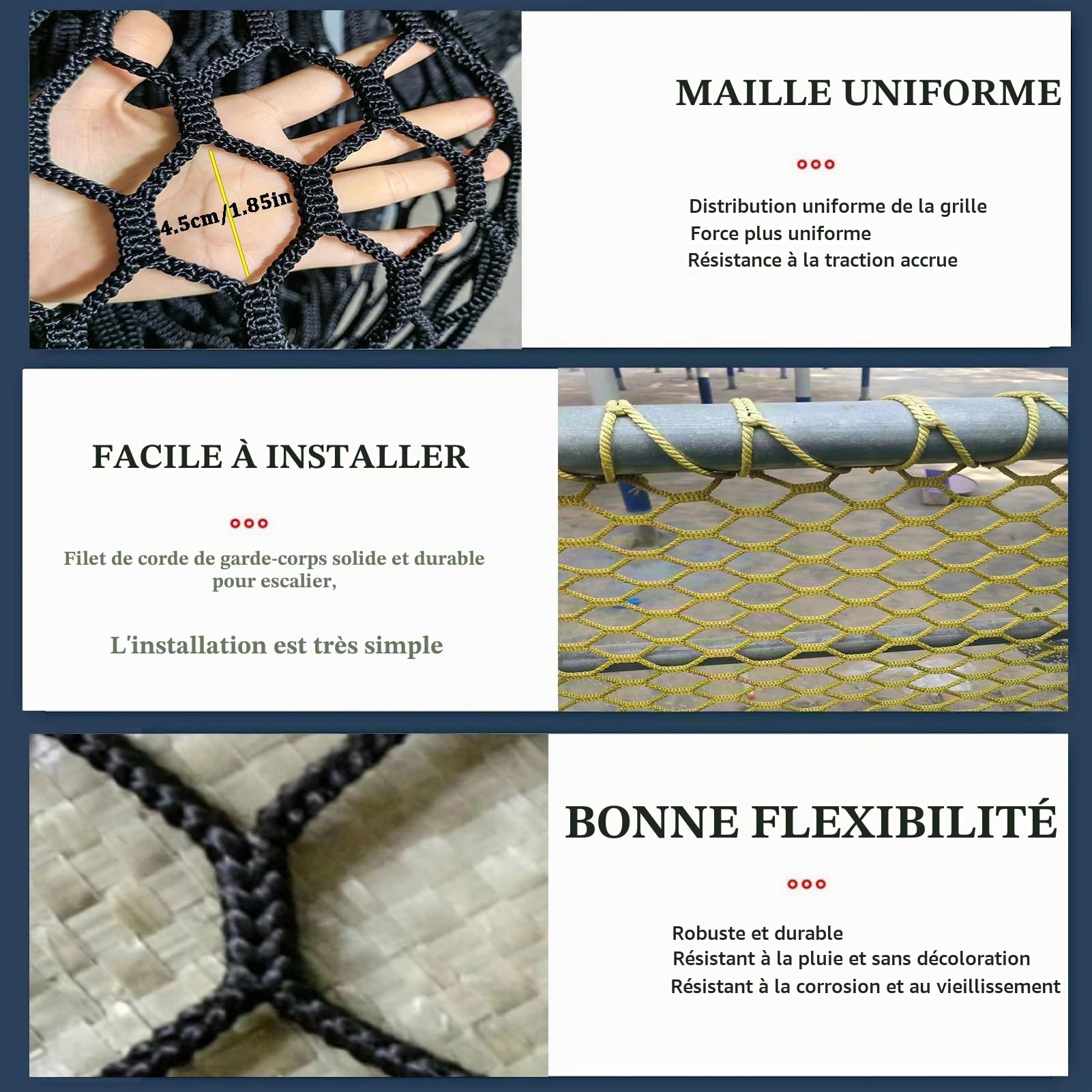 2x2m Filet de Sécurité pour Garde-Corps Filet de Corde | Filet de Chargement Grimpant pour Terrain de Jeu, 4,5cm/5mm Polyester Sans Nœuds Filet de Sport