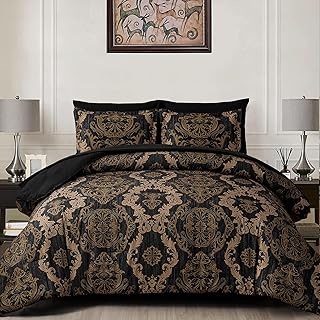 WONGS BEDDING Black Comforter Set Queen Size, Gold Damask Texture 7 Pieces Bed in a Bag Microfiber Comforter Bedding Sets -1 Comforter, 1 Flat Sheet, 1 Fitted Sheet, 2 Pillow Shams, 2 Pillowcases OEKO-TEX STANDARD 100
