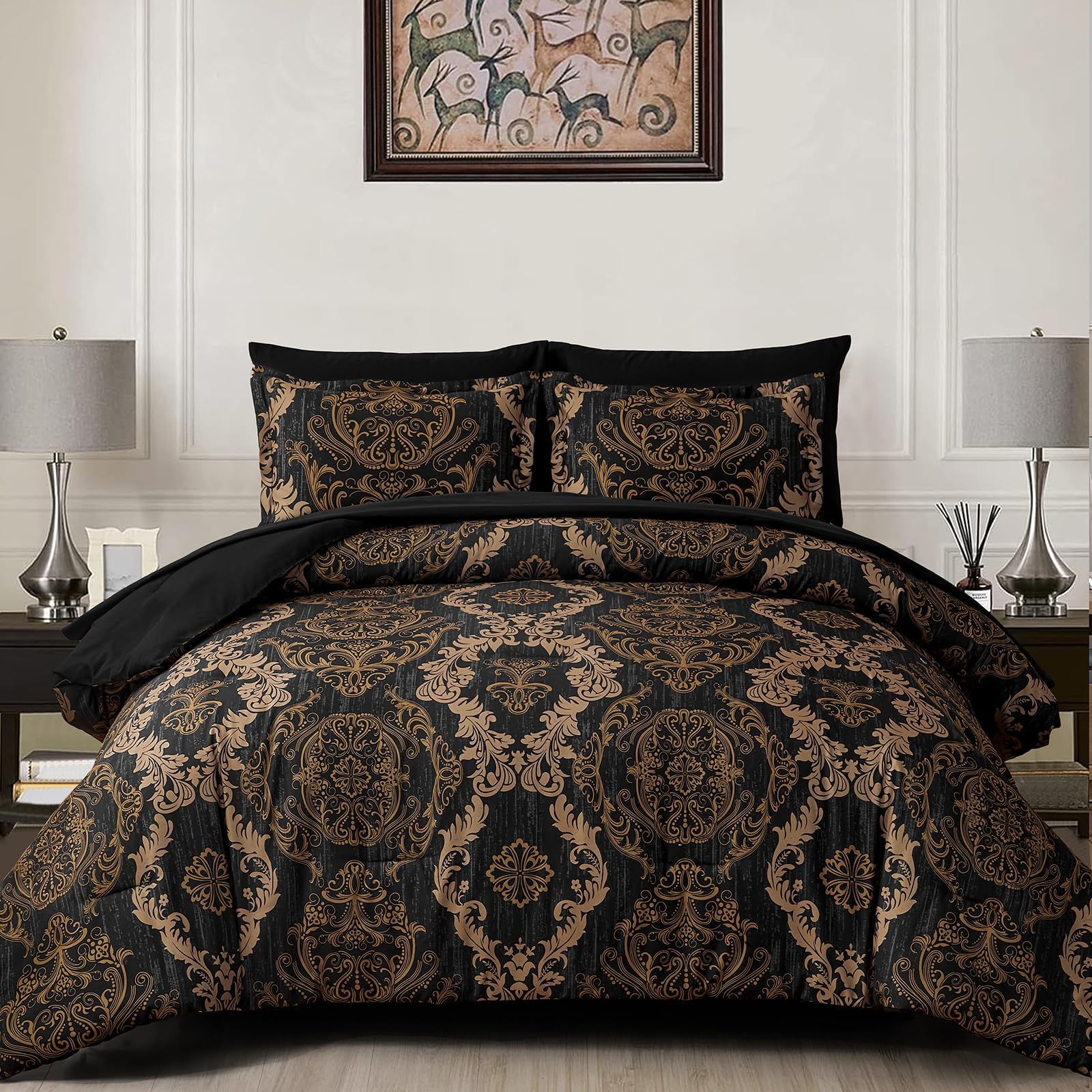 WONGS BEDDING Black Comforter Set King Size, Gold Damask Texture 7 Pieces Bed in a Bag Microfiber Comforter Bedding Sets -1 Comforter, 1 Flat Sheet, 1 Fitted Sheet, 2 Pillow Shams, 2 Pillowcases
