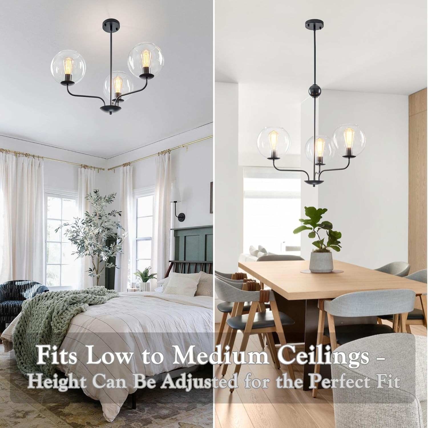 Classic 3-Light Black Chandelier with Upward U-Shaped Arms, Modern Vintage Pendant Lighting with Clear Glass Globes, Ceiling Light Fixture for Dining Room, Living Room, Hallway