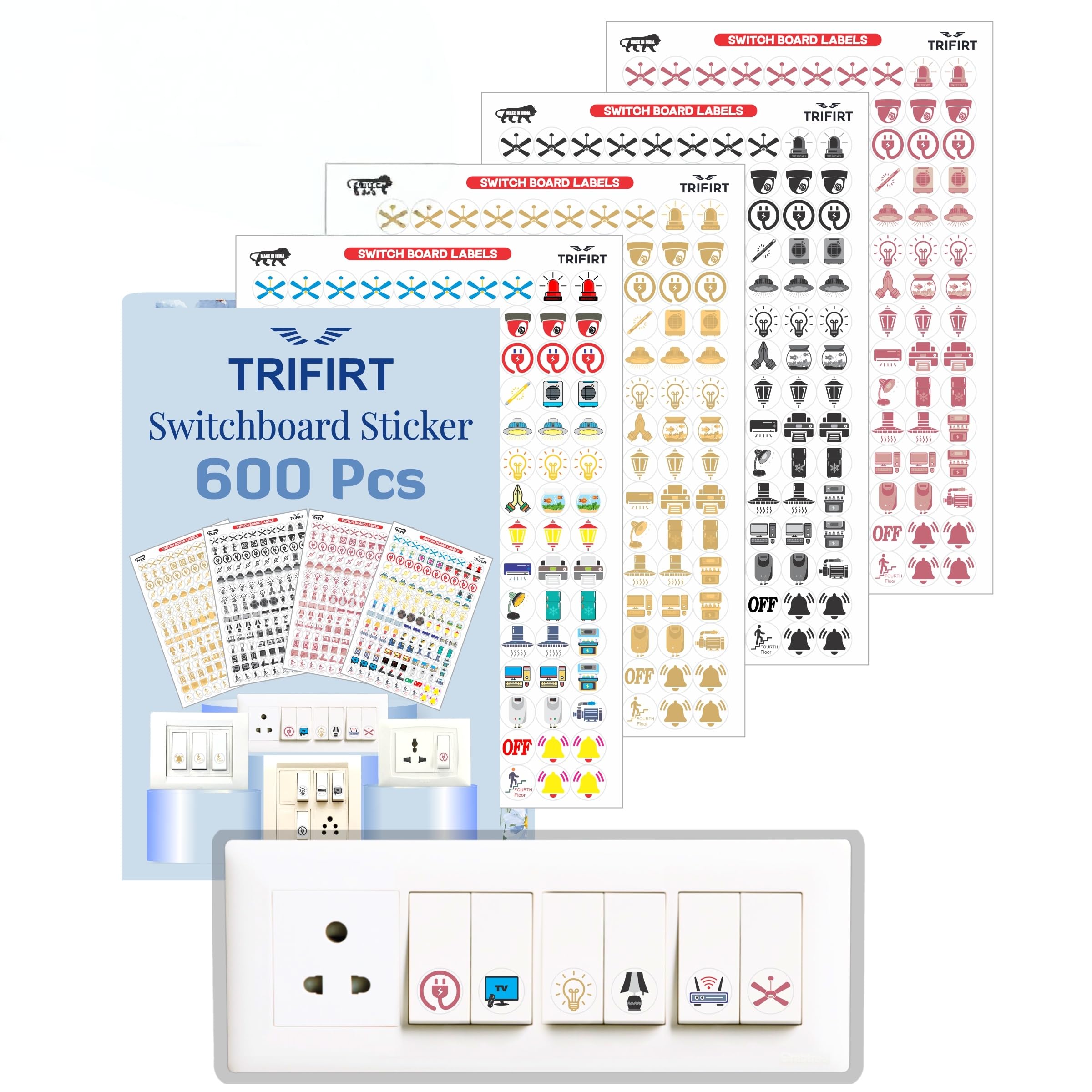 TRIFIRT 600 Switch Board Button Self Adhesive Stickers for Plastic Surface for Home,40+ Icons for Fan Light Fridge AC,4 in 1 Gold,Rose Gold,B/W & Colourful Labels for Switchboard,1.5 cm
