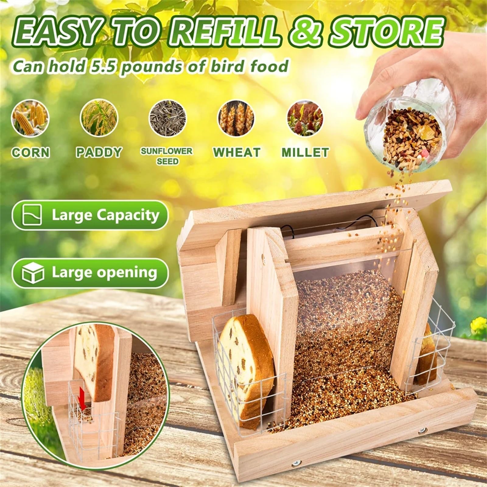 Alimentación de Aves Comedero for pájaros de Gran Capacidad, de Madera, Adecuado for Diferentes Jardines y Patios, Mesa de alimentación for pájaros, fácil de Limpiar, 1 ud.