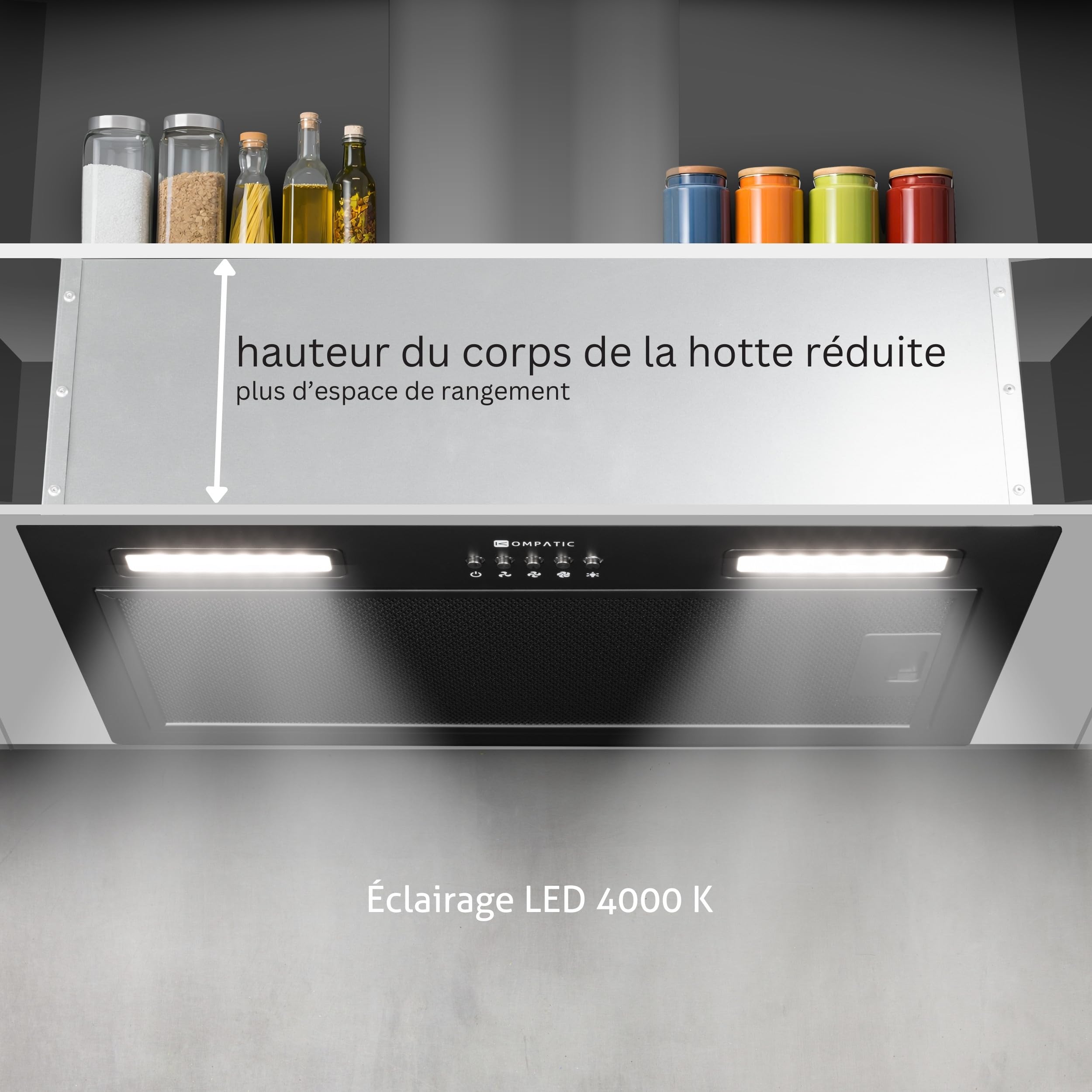 Kompatic Lane 50 KLN50BI Hotte Aspirante Encastrable 50cm, A+++, Filtres à Charbon inclus KCF4, Minuterie, Contrôle électronique, 450 m³/h, LED, 3 vitesses + boost, Evacuation/Recyclage, Noir - 4