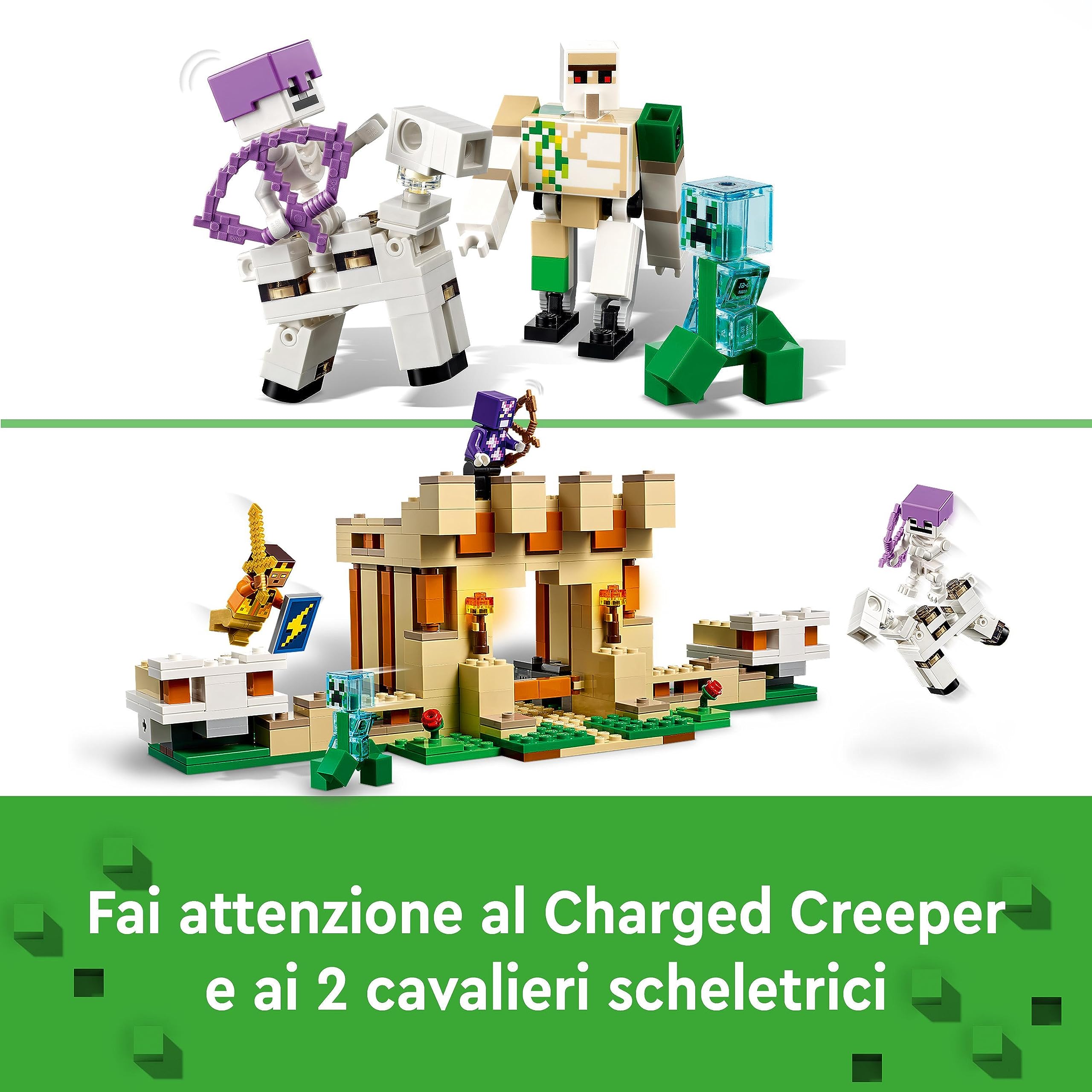 LEGO Minecraft La Fortezza del Golem di Ferro, Castello Giocattolo che si Trasforma in Action Figure con 7 Personaggi tra cui Cavaliere di Cristallo, Cavalieri Scheletrici e Creeper Caricato 21250