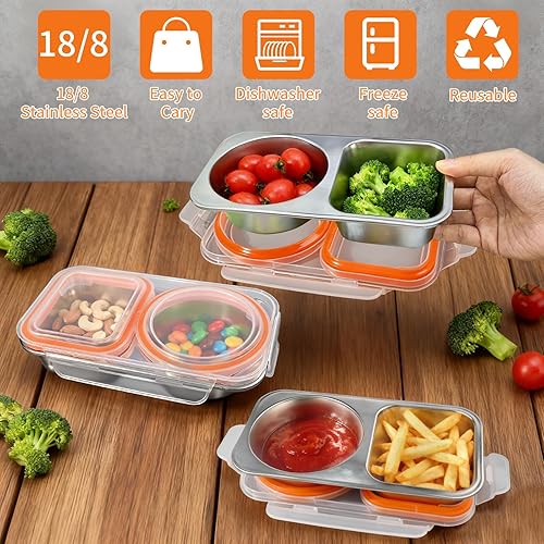 Miniatura 2 de Recipientes de acero inoxidable con tapa, reutilizables, con 2 compartimentos, contenedores de almacenamiento de alimentos de 13 onzas, a prueba de