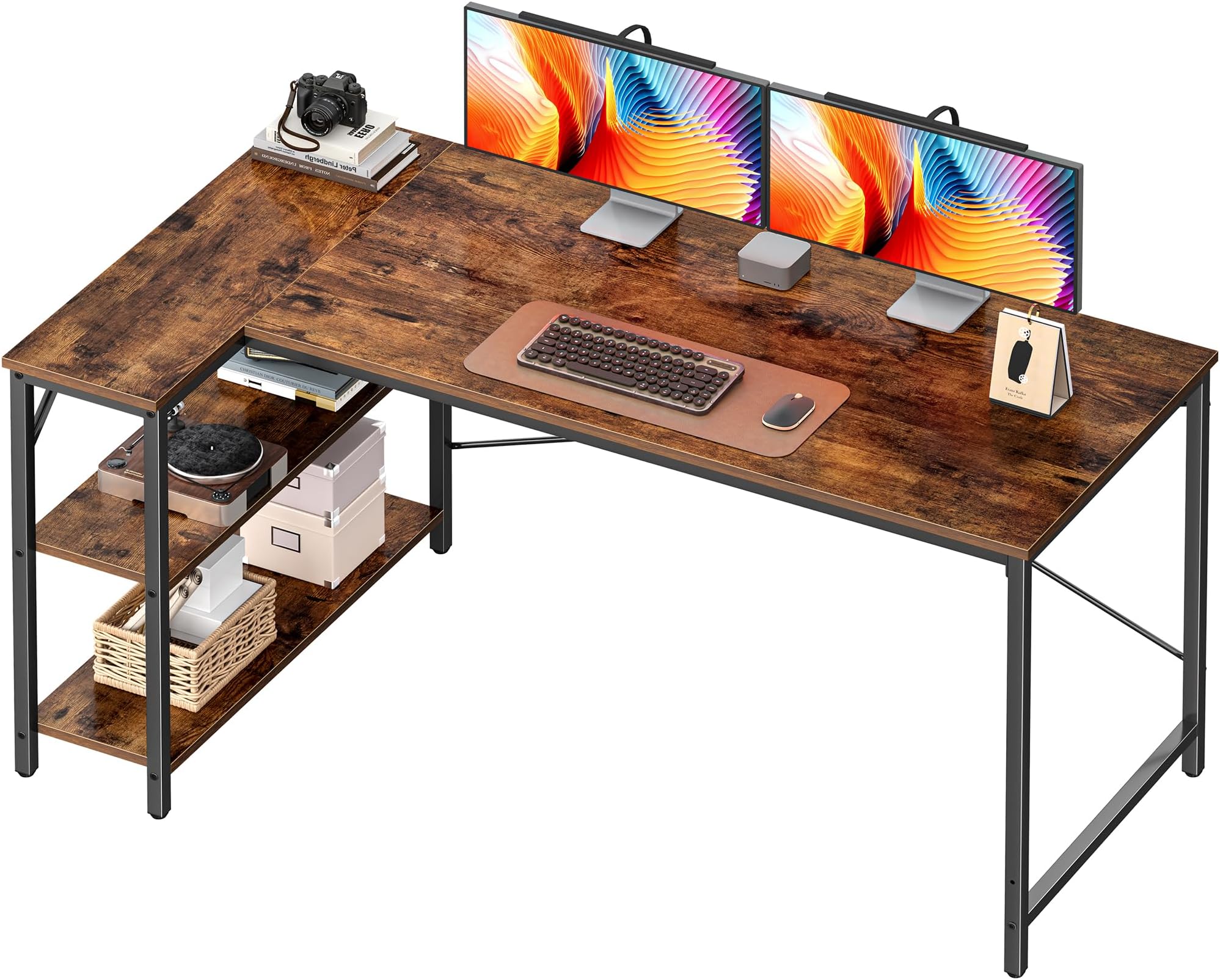 L Shaped Desk, 55 Inches Computer Desk with Reversible Storage Shelves, for Gaming Corner Home Office Writing Study, Metal Frame, Rustic Brown