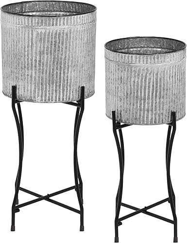 Miniatura 8 de SPOTISAN Juego de 2 macetas de granja con soporte, macetas redondas de metal corrugado, macetas grandes para plantas de exterior con soportes de