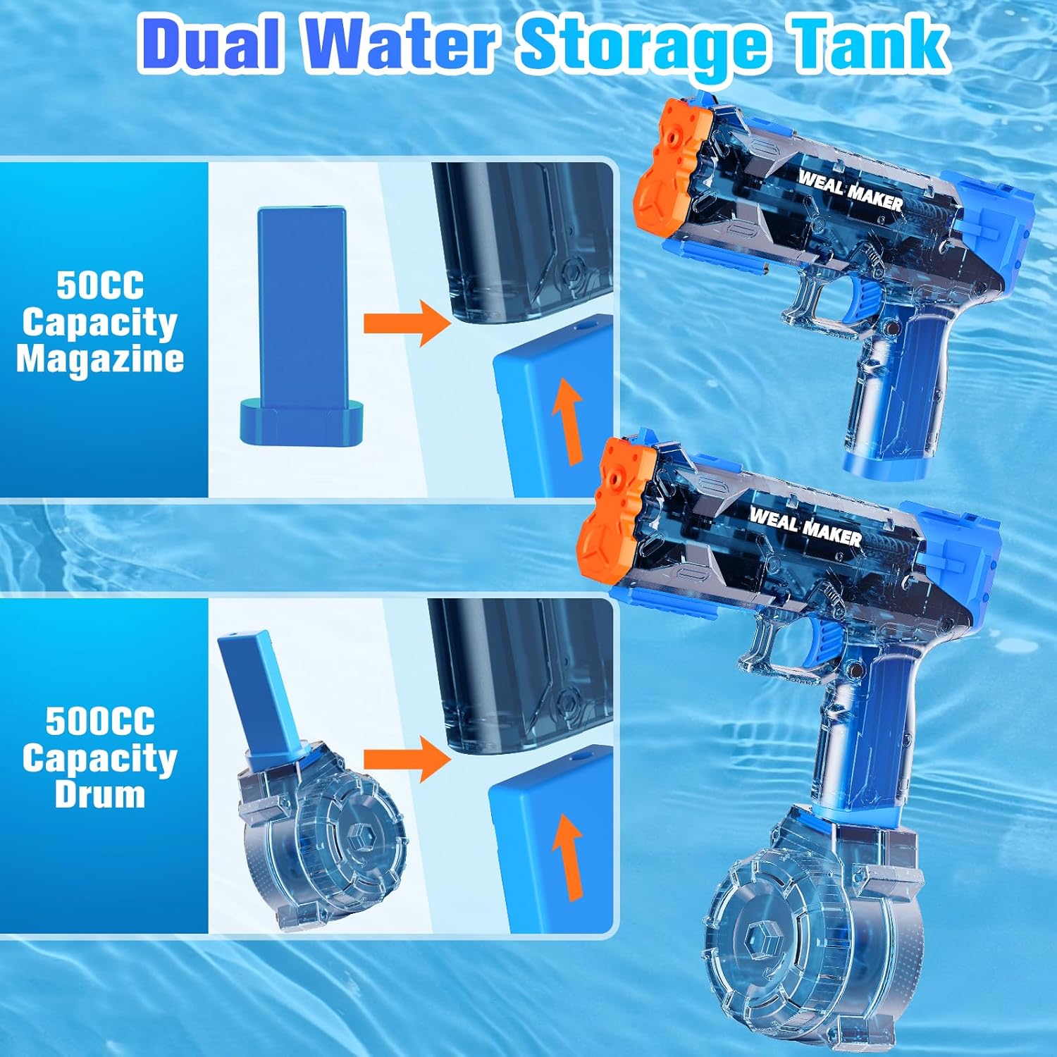 artcool Stronger Electric Water Gun for Kid/Aldult,Transparent Automatic Squirt Guns High Powered IP67 Waterproof, Water Guns with 400 Ammos for Outdoor Summer Beach Pool （Blue）