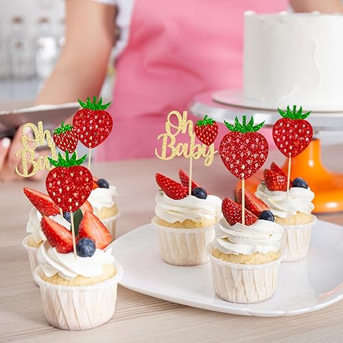 Miniatura 7 de Ephlyn Paquete de 24 adornos dorados para cupcakes Sweet Oh Baby de fresa, para baby shower, cumpleaños, cumpleaños, cupcakes, suministros de fiesta