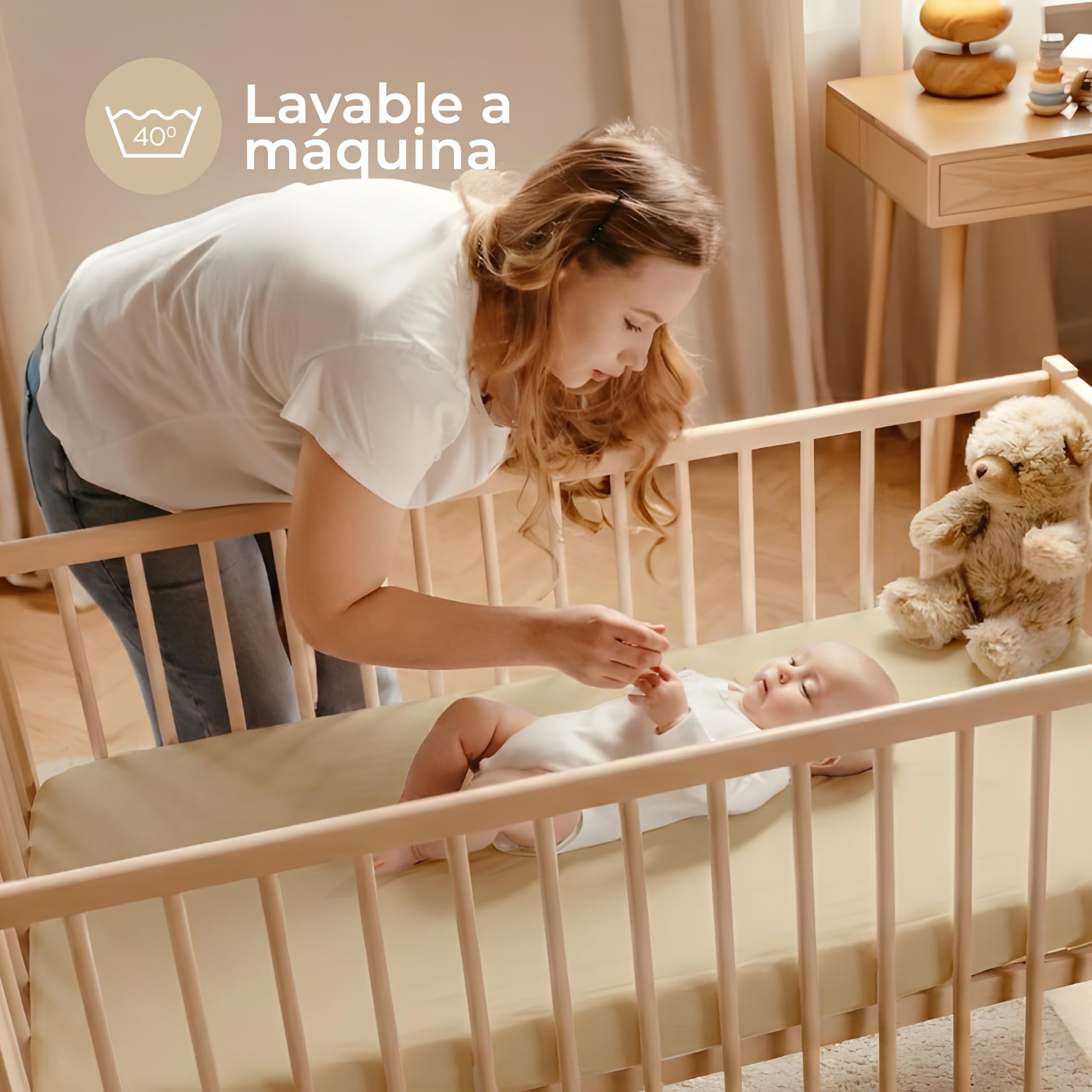 Dreamzie Juego de 2 Sabana Bajera Cuna 70x140 Algodon - Ajustables, Oeko Tex Certificado - Sabanas Cuna 70x140 para Colchon y Cama Infantil - Beige/Blanco