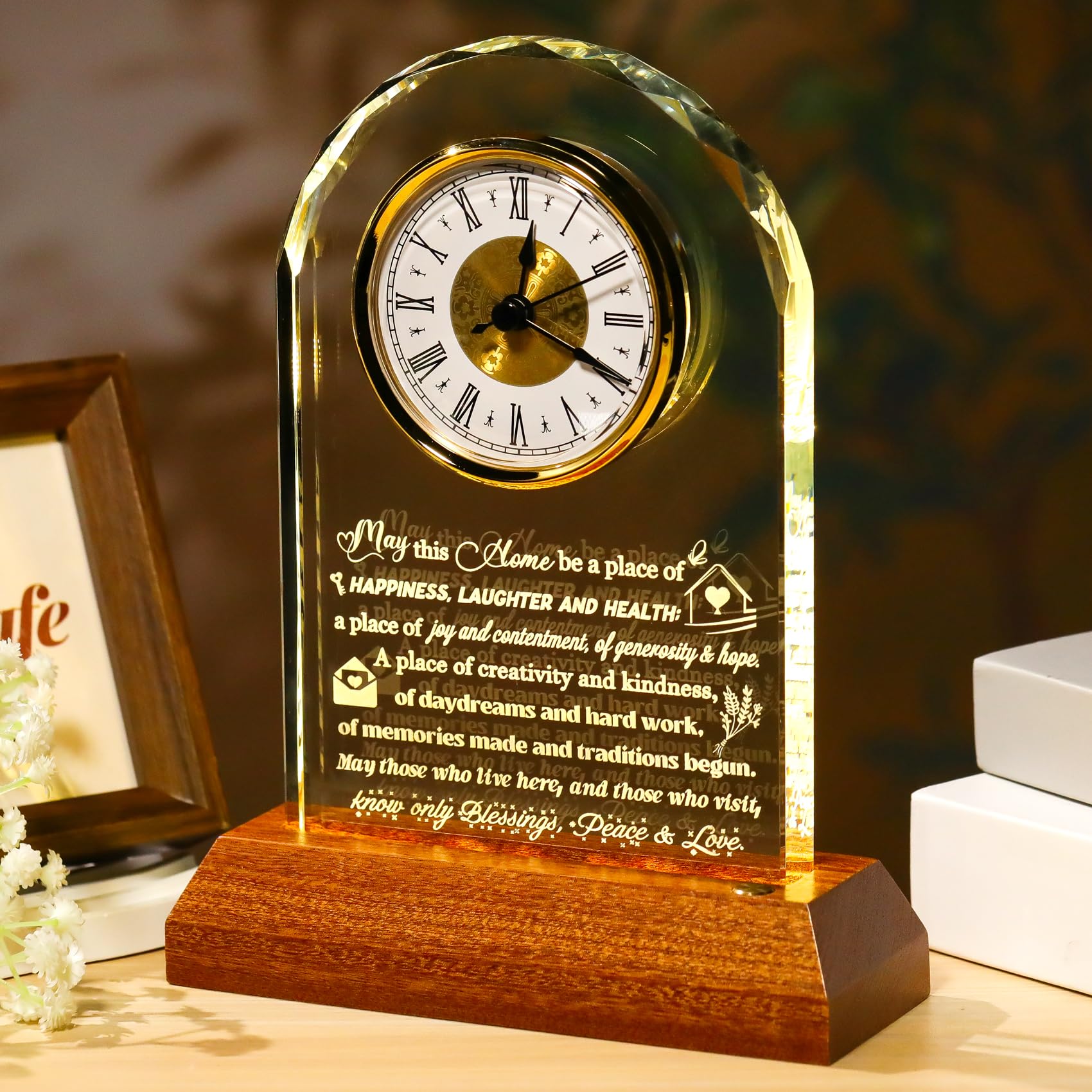 Arikyrist House Warming Gifts New Home Glass Clock with Wooden Light Base
