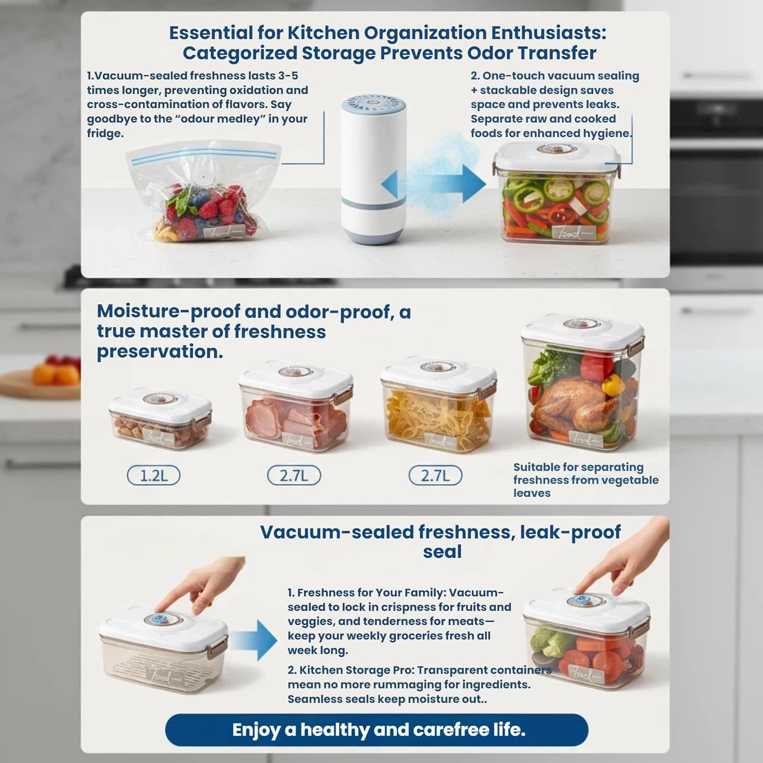 Vacuum Container,Vacuum Seal Containers,4pcs Airtight Food Storage Containers with Lids,4pcs Food Vacuum Bags/ 1pc Automatic Pump, Marinade and Keep Food Fresh with Time Dial, BPA Free(Square)