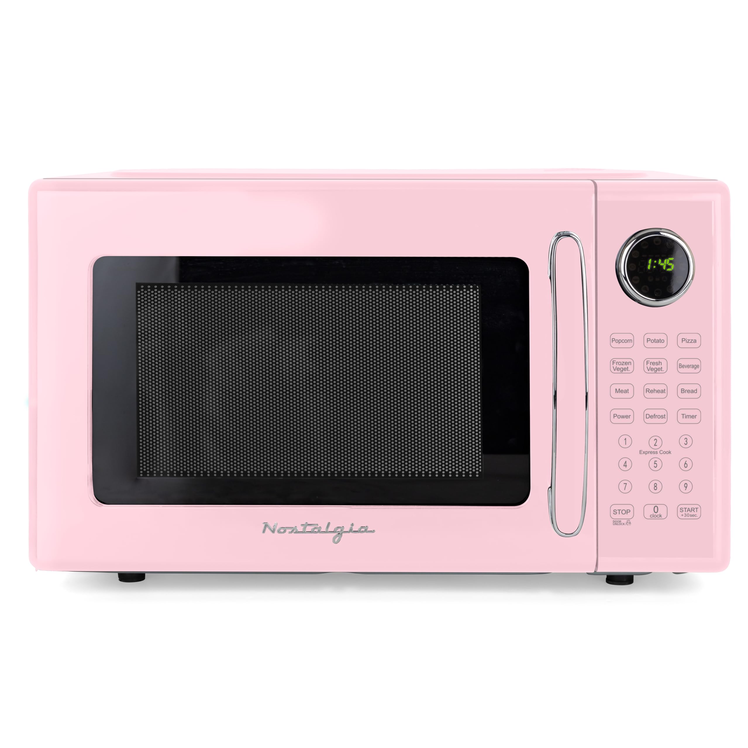 Nostalgia Retro Microwave Oven - 1.1 Cu Ft, 1000-Watt Countertop Size with Glass Turntable, Child Safety Lock, 8 Auto-Cook Programs, Digital Clock - Pink