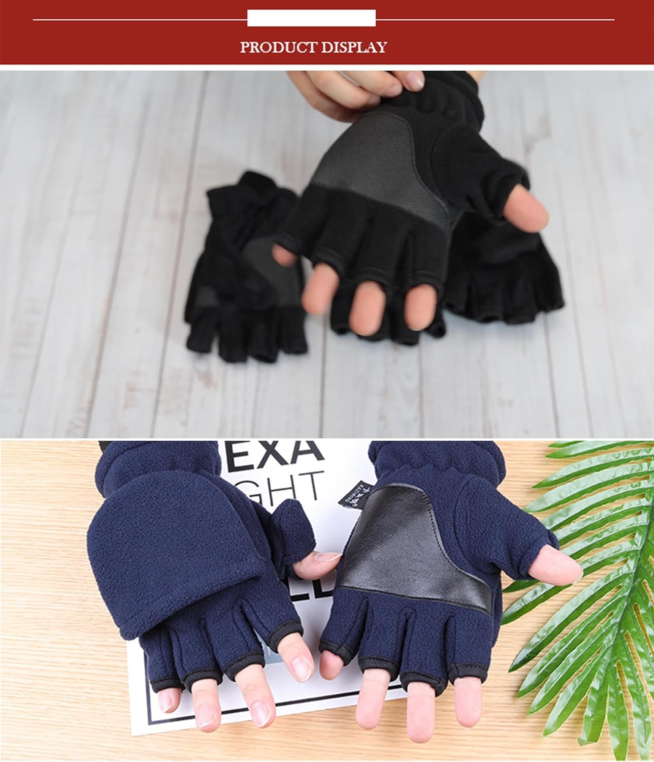 Winter Fingerless Mittens Men Women Convertible Flip-Top Windproof Warm Polar-Fleece Lining Texting Running Gloves - Image 6