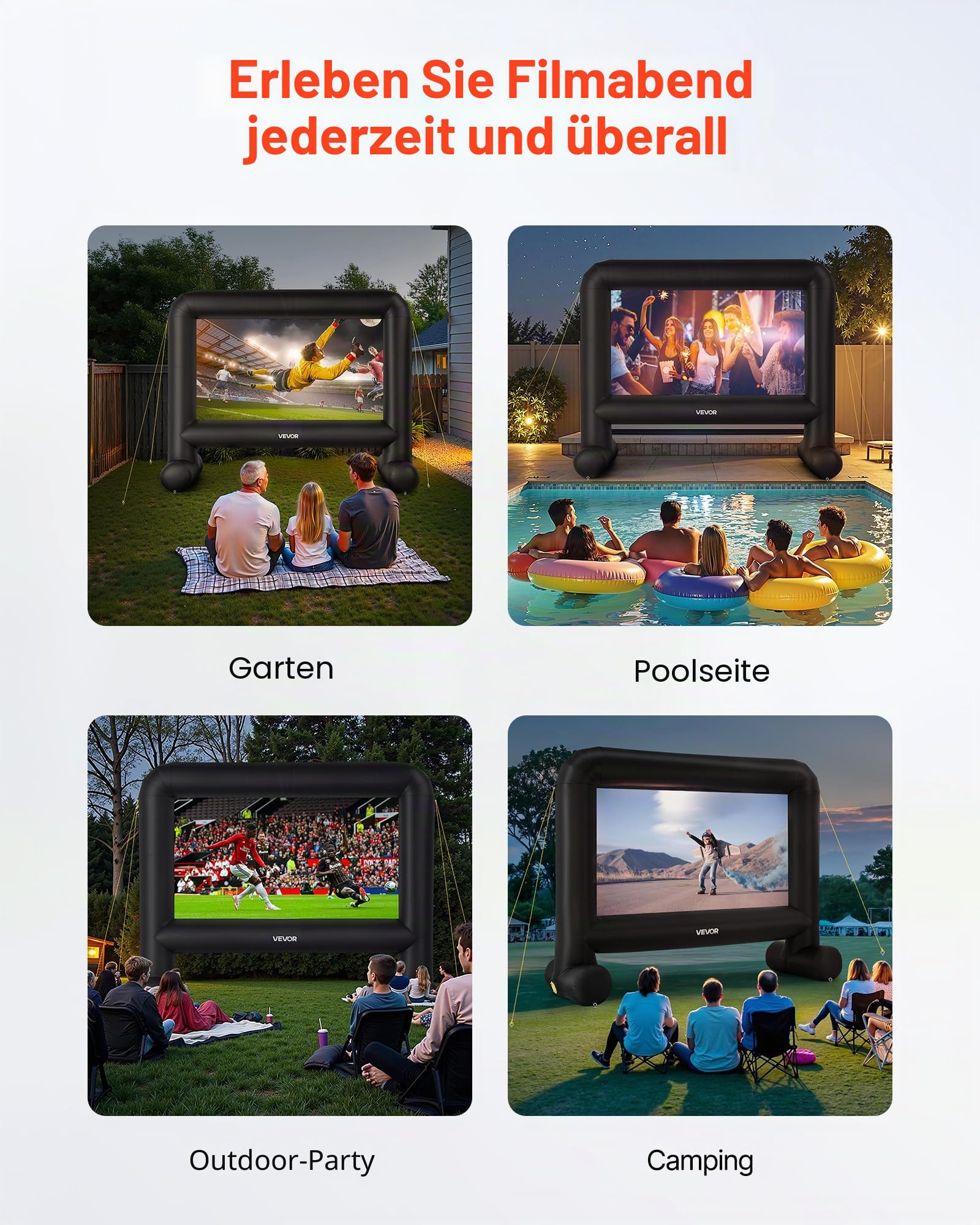 VEVOR aufblasbare Filmleinwand Projektion Beamer Leinwand aus 600D, Projektionsleinwand mit tragbarer Aufbewahrungstasche, 16:9, Filmprojektion für Heimkino Mottoparty Poolspaß (354 x 130 x 290 cm)