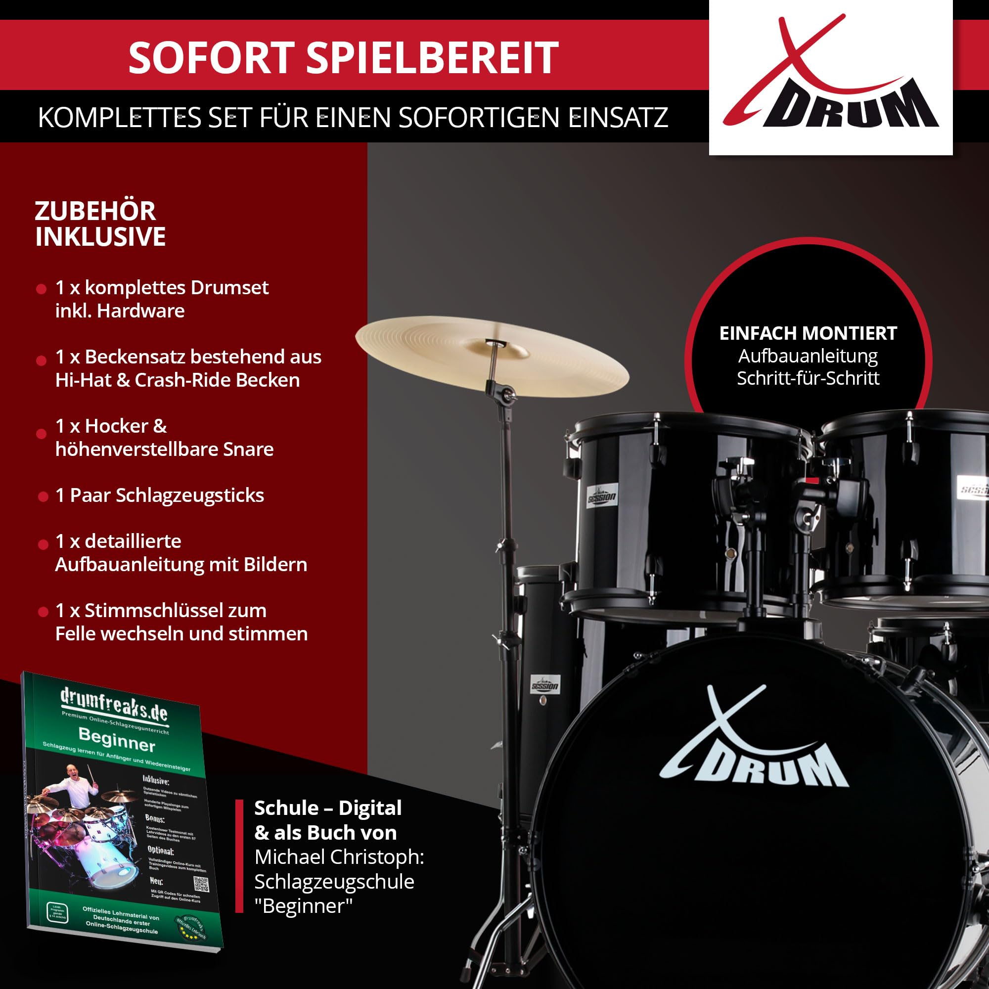 XDrum Rookie 22" Fusion Batteria Completa Black - Ideale per Principianti - Hardware Elegante in nero - Incl. Bacchette, Istruzioni di Montaggio e Scuola di Batteria - Nero
