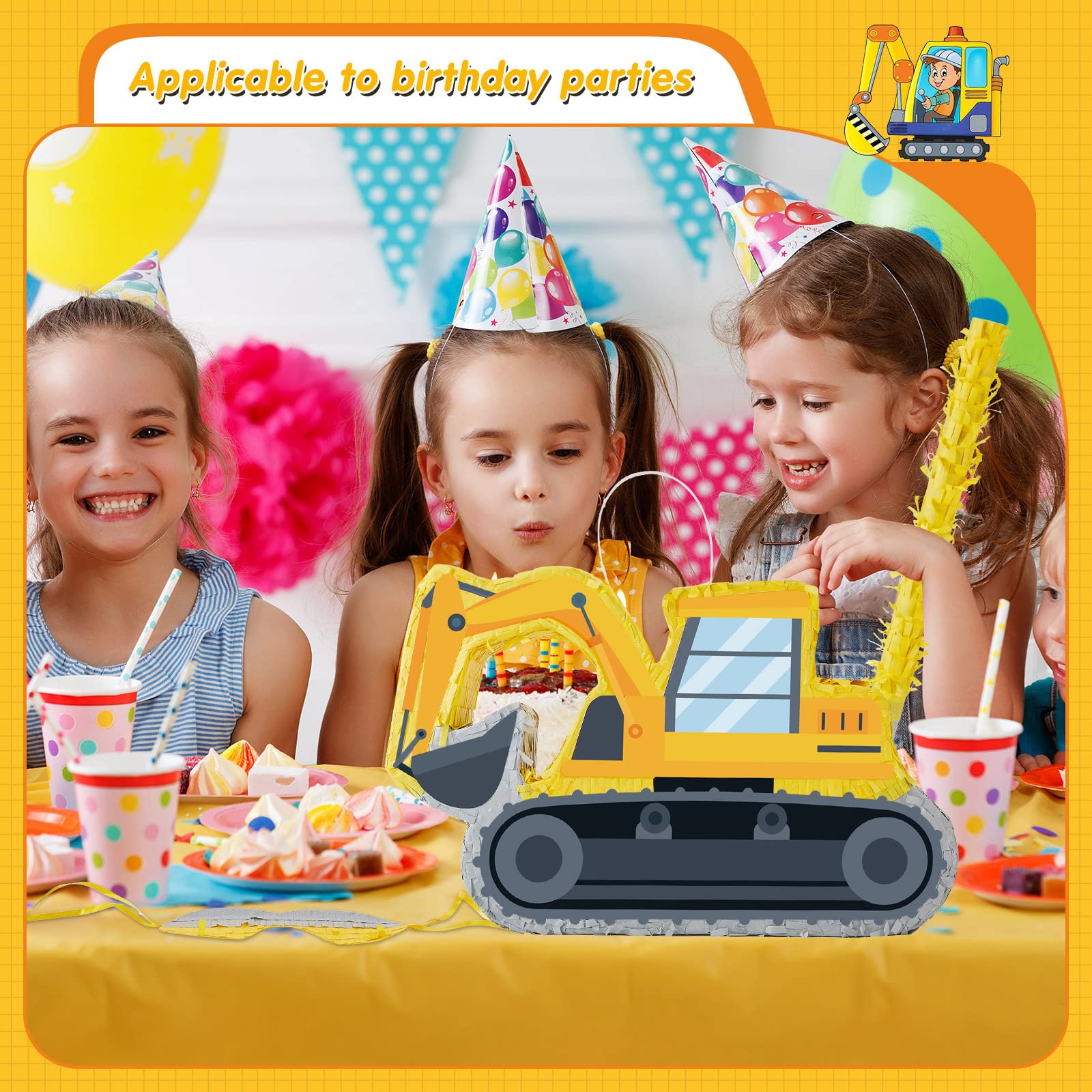Koparka Pinata mała pinata budowlana z pinatą nietoperzem z opaską na oczy konfetti, materiały budowlane na przyjęcie urodzinowe dla dzieci budowlane upominki dekoracje, 41 x 27 x 7,6 cm