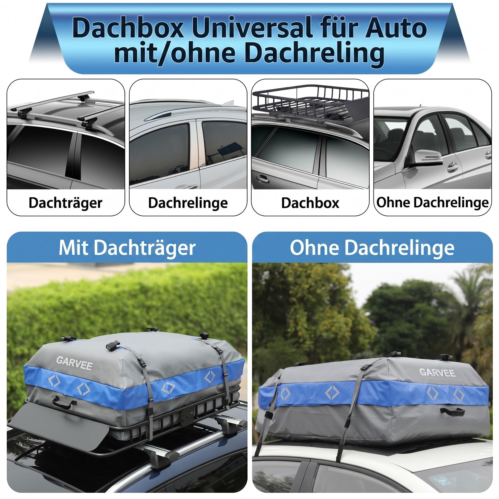 Dachbox Universal für Auto mit/ohne Dachreling, Wasserdicht | Dachkoffer aus 500D PVC, Faltbare Dachtasche mit Anti-Rutsch-Matte, Einfach Montage und Große Kapazität (595 L / 21 Kubikfuß)