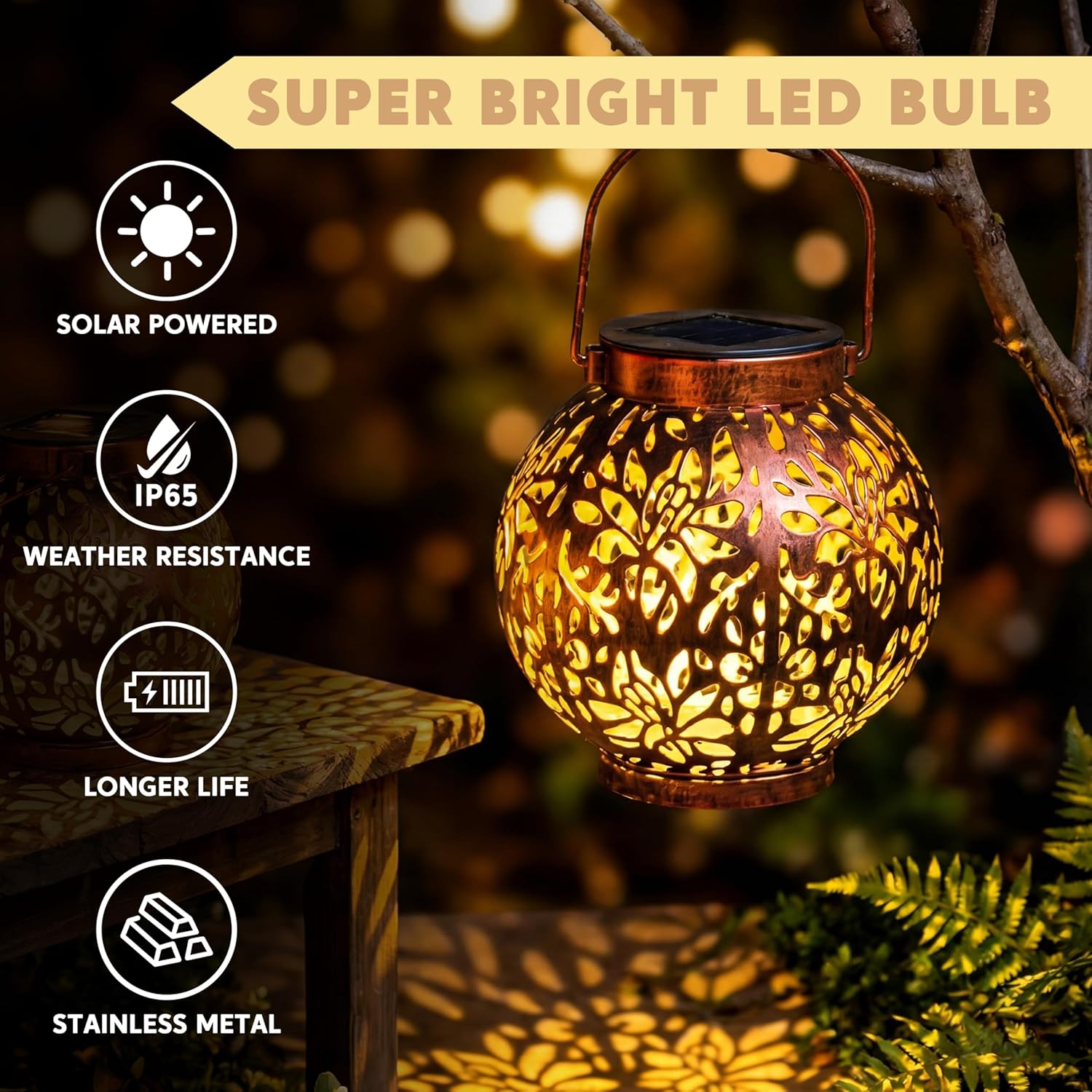 JOIEDOMI 2 Pack Outdoor Solar Hanging Lantern Lights, Waterproof Tabletop with Handle, LED Moroccan Lanterns, Metal Decorative Garden Solar Lights Spring for Patio, Lawn, Porch, Backyard - Image 2