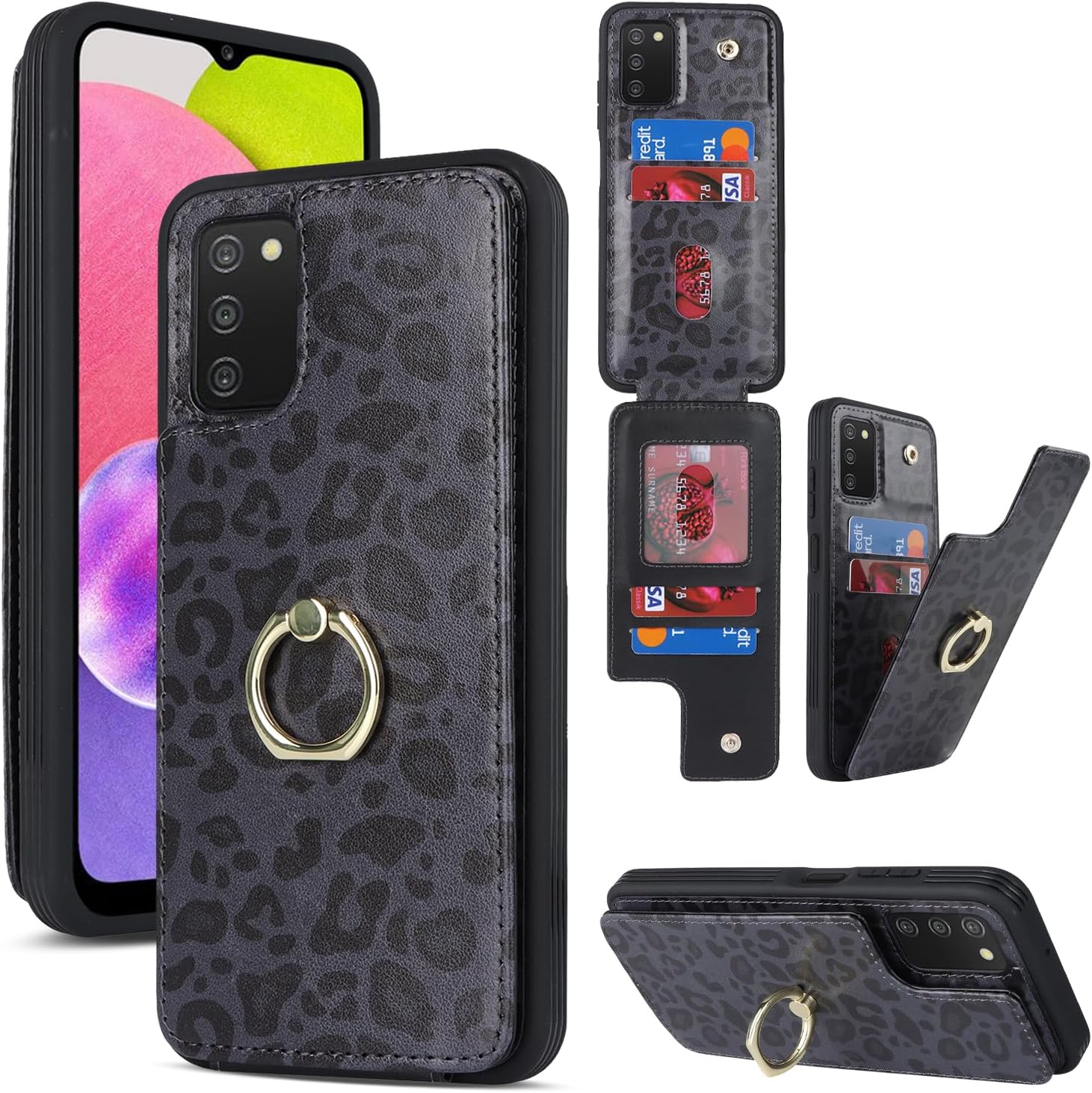Lipvina for Samsung Galaxy A03s Case with Card Holder,Galaxy A03s Case Wallet for Women,Credit Card Holder,Ring Stand,Cute Phone Wallet Cases 6.5"(Black Leopard)