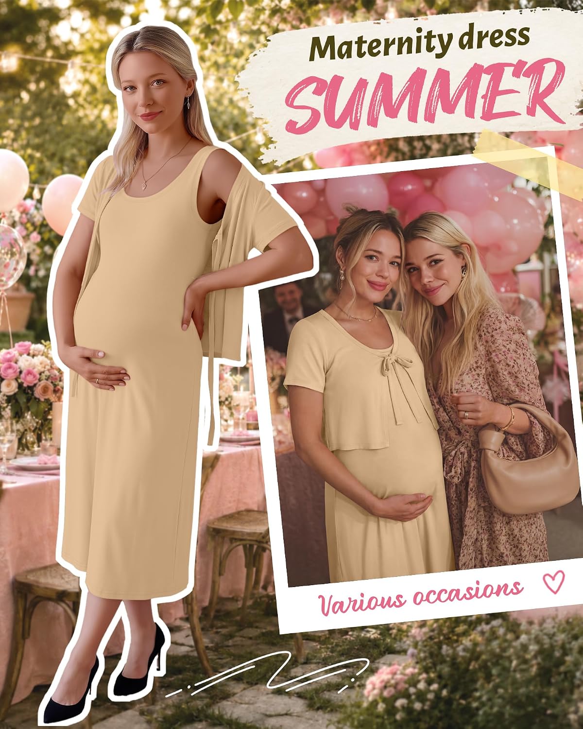 2 Piece Maternity Outfit Summer Maxi Dress and Cardigan Set with Pocket Casual Pregnancy Clothes for Baby Shower