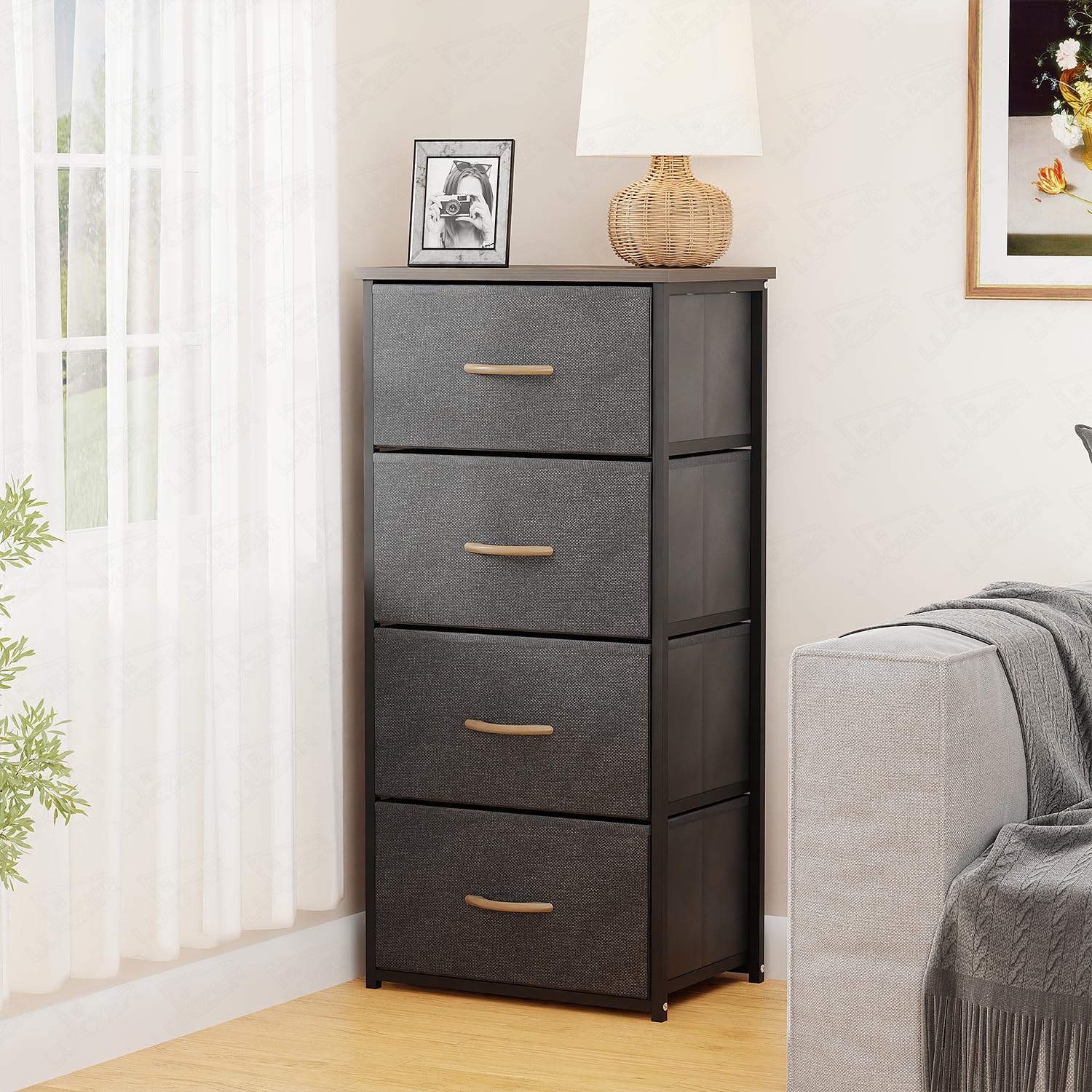 Lukzer Universal 4-Drawer Foldable Fabric Dresser with Handles | Metal Frame & Engineered Wood Top | Storage Organizer Tower for Bedroom, Closet, Hallway, DIY, Made in India (Black & Wenge/MMR-002)