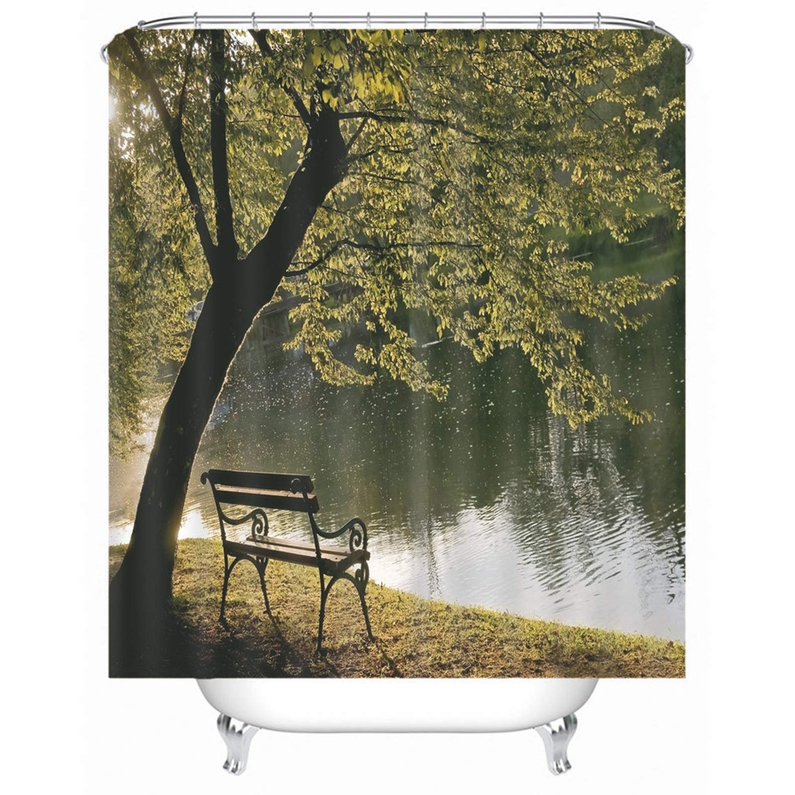 Tenda Doccia Verde Antimuffa per Bagni Tende per Bagno Poliestere con Ganci Tenda Doccia Sedia in Legno sotto L'Albero, 165x180cm