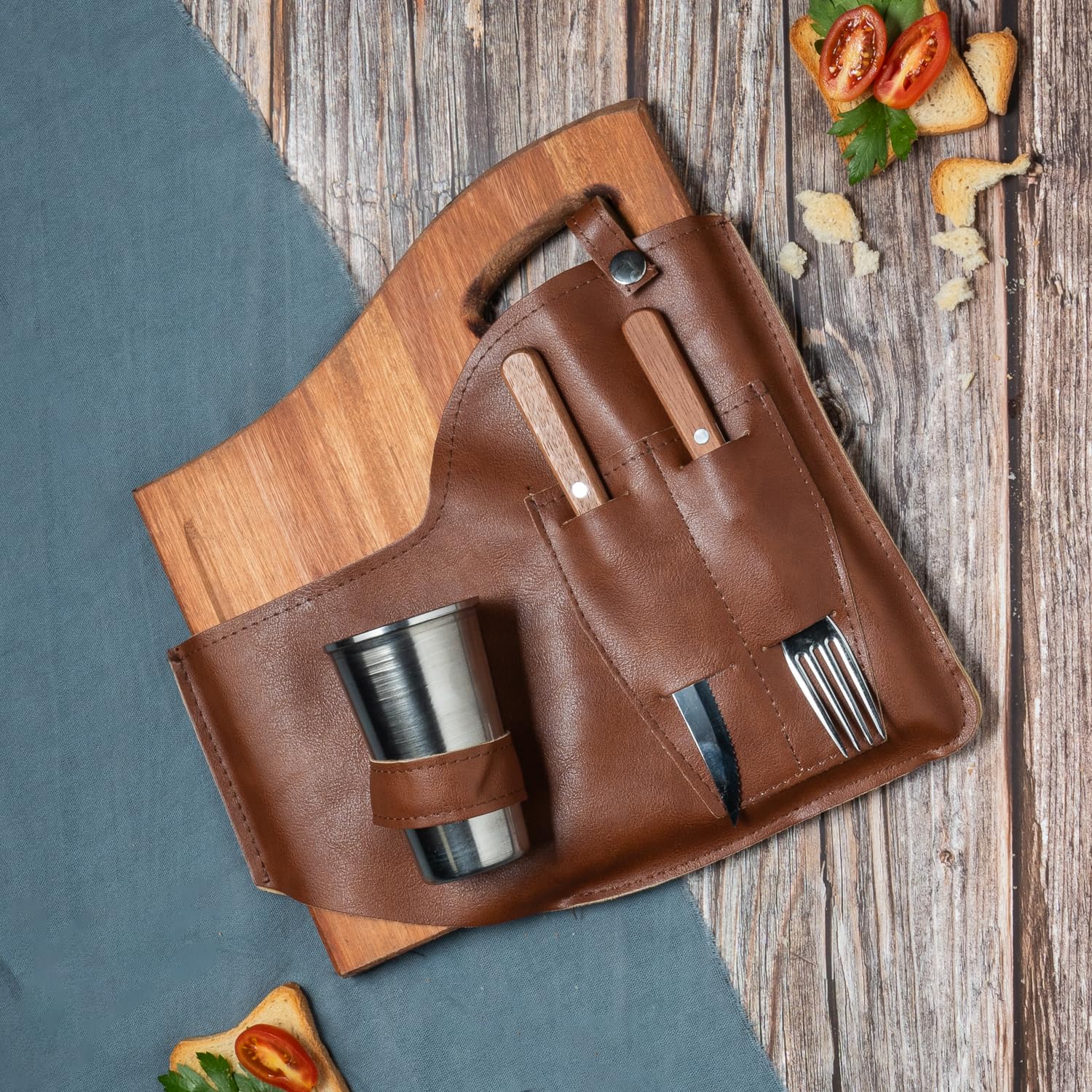Set Asado Barbacoa Premium con Tabla Madera Vaso Cuchillo Tenedor Artesanal Argentino