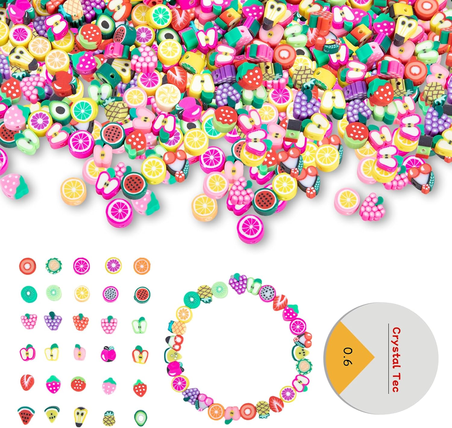 500 Pcs Fruit Polymer Clay Beads Charms for Crafts with Elastic String for Making Bracelet Necklace Craft Decoration DIY Crafts