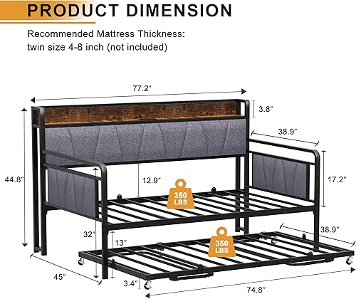 Miniatura 3 de Sofá cama individual con nido, moderno sofá cama individual, marco de cama de metal resistente con cabecera tapizada para sala de estar, dormitorio,