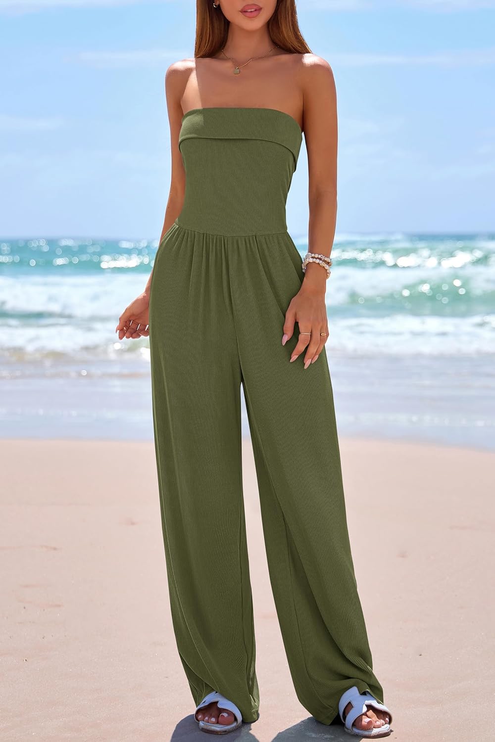 PRETTYGARDEN One Piece Strapless Jumpsuits for Women Dressy Casual Wide Leg Tube Rompers Jumper Beach Vacation Summer Outfits - Image 2