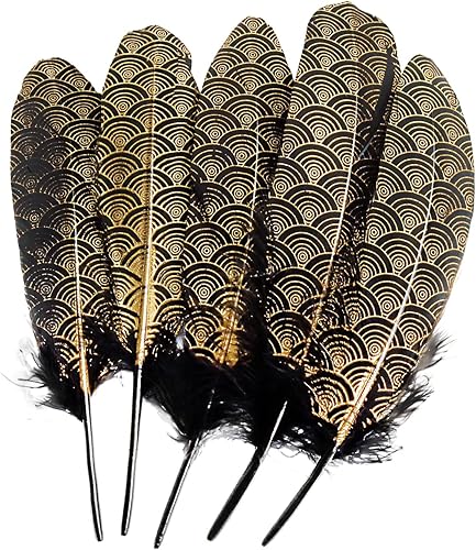 30 plumas de ganso negro bañadas en oro de 6 a 9 pulgadas, plumas de nube con patrón dorado para manualidades de Halloween, manualidades, fiestas,