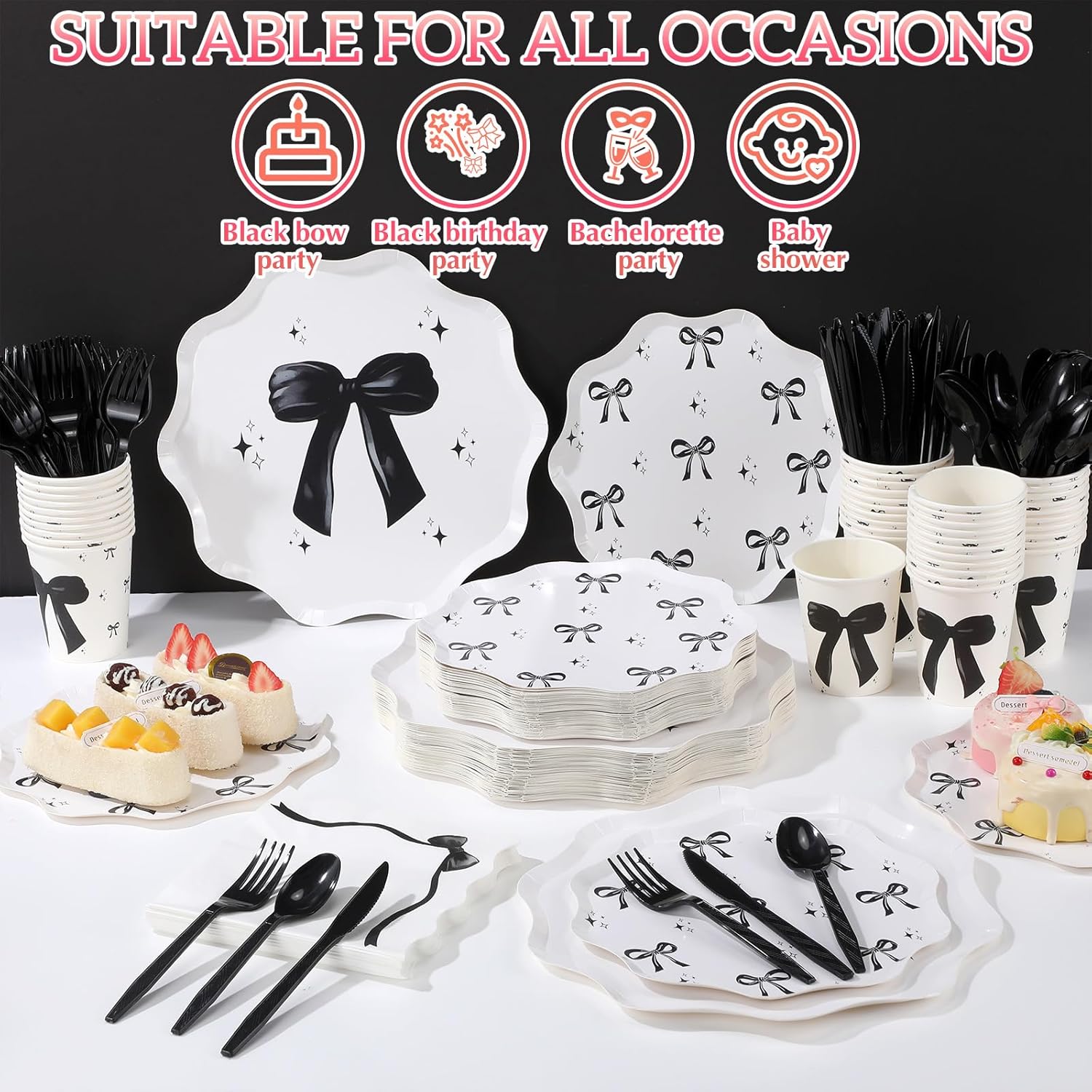 350 Pcs Bow Black Party Supplies Tableware Set Disposable 9'' 7'' Paper Plates 9 oz Cups Cutlery Napkins Dinnerware Set for 1st Birthday, Serve 50 (Bow, Black)