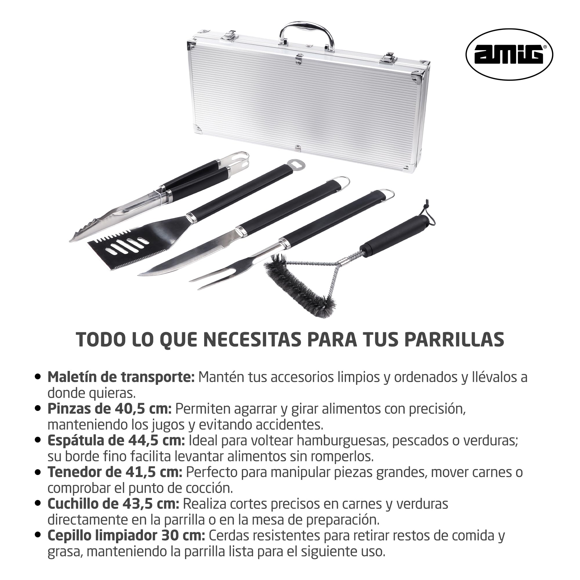 Amig - Maletín de 5 Accesorios para Barbacoa - Acero Inoxidable - Set Completo de Utensilios con Estuche - Accesorios Prácticos y Presentación Cuidada para Regalo - Mod. AM01