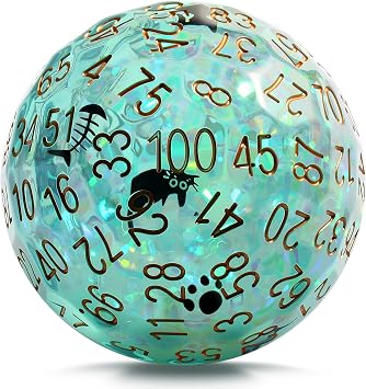 DNDND 50mm Liquid Core D100 Dice with Embedded Cat Pattern Globe, Enigmatic Teal Quicksand 100 Sided, Big Resin Percentile Dice with Built-in Kitten Graphics, Unique Gift for Cat Lover D&D Gamer
