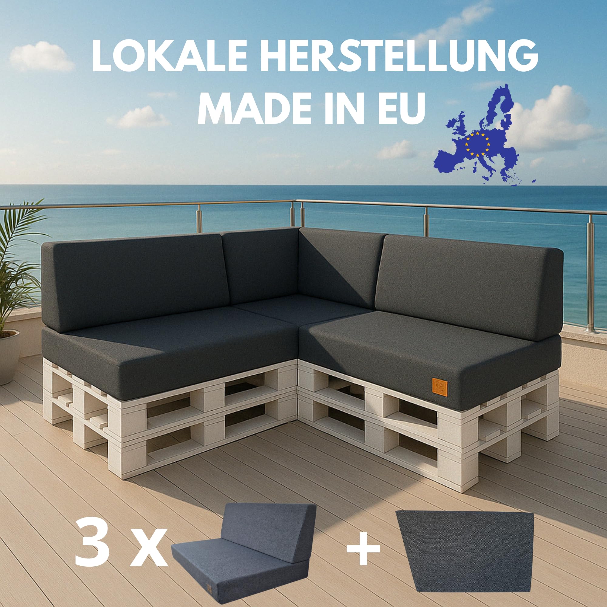 Palettenkissen 7-teiliges Set für Ecksofa | Palettensofa mit abnehmbarem Bezug | Kaltschaum Palettenauflage | Sitzkissen Rückenlehne für Europaletten 120 x 80 | UV-beständig | Waschbar (Dunkelgrau)