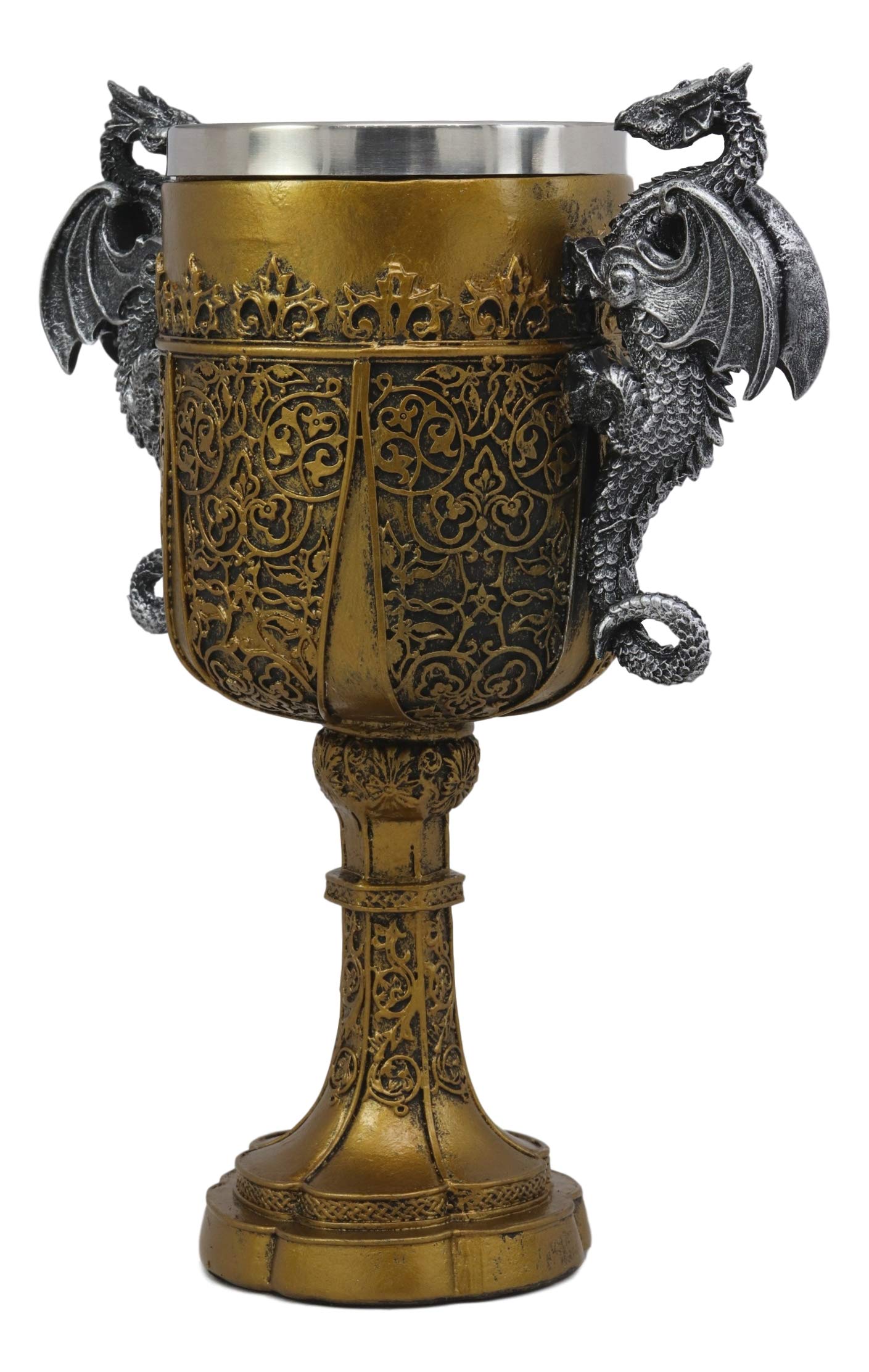 Ebros Decorative King Arthur Pendragon Holy Grail The Golden Cup Of Life Dual Dragons Drinking Wine Goblet Chalice Arthurian Legends Ceremonial Cup Medieval Fantasy Decor