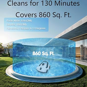 Robotic Pool Cleaner, Up to 860 Sq.ft, Lasts 130 Mins, Cordless Pool Vacuum for Above Ground Pool, Pool Robot Vacuum Self-Parking Technology