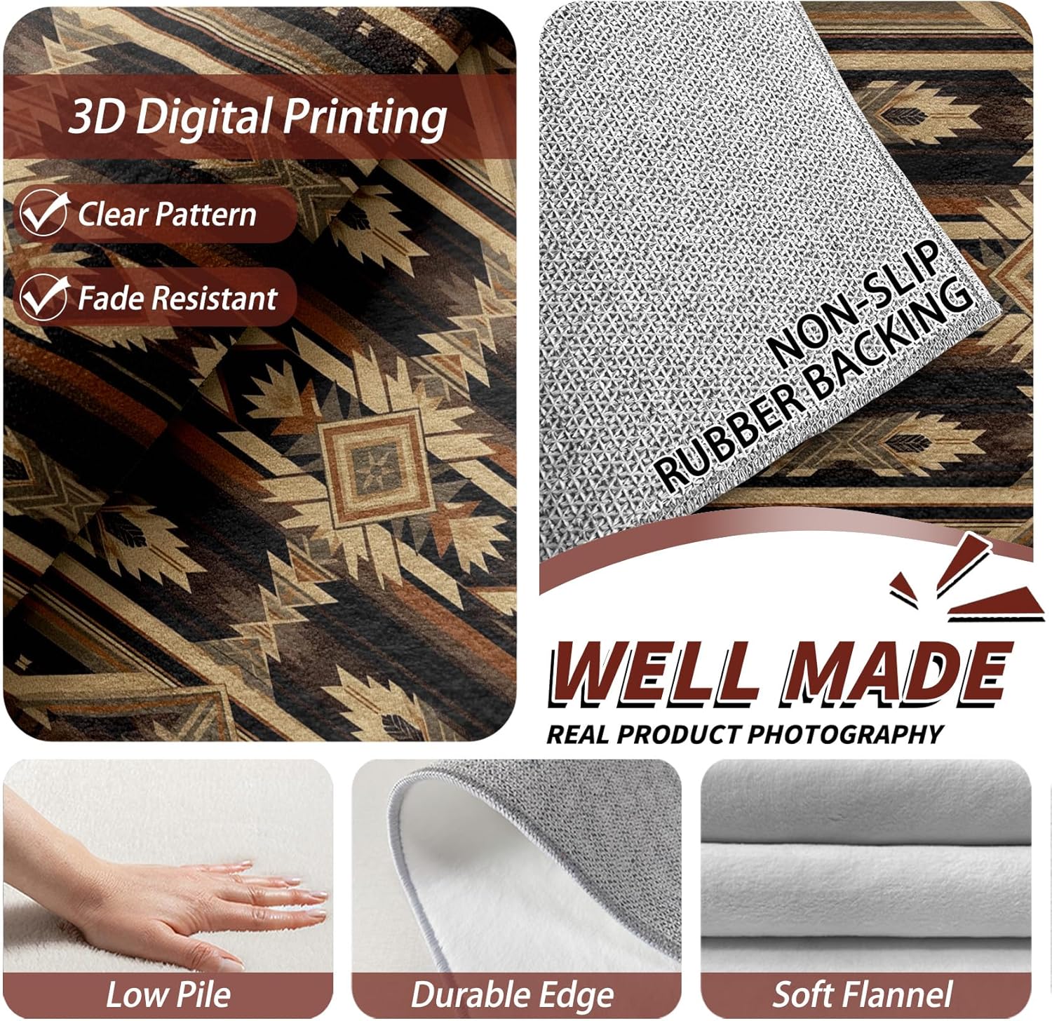 2'x 6' Runner Rug Native American, Aztec Boho Runners for Hallways, Vintage Rustic Cabin Runner Rug Non Slip Soft - Brown Tan Black