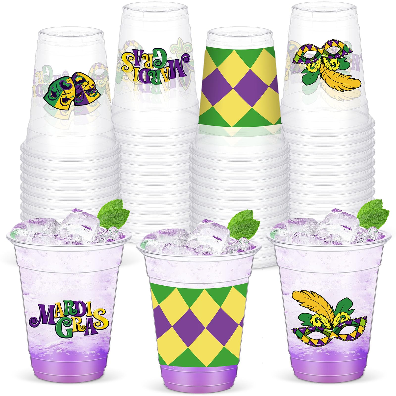Yaomiao 50 Pieces Mardi Gras Cups Bulk 12 Oz Disposable