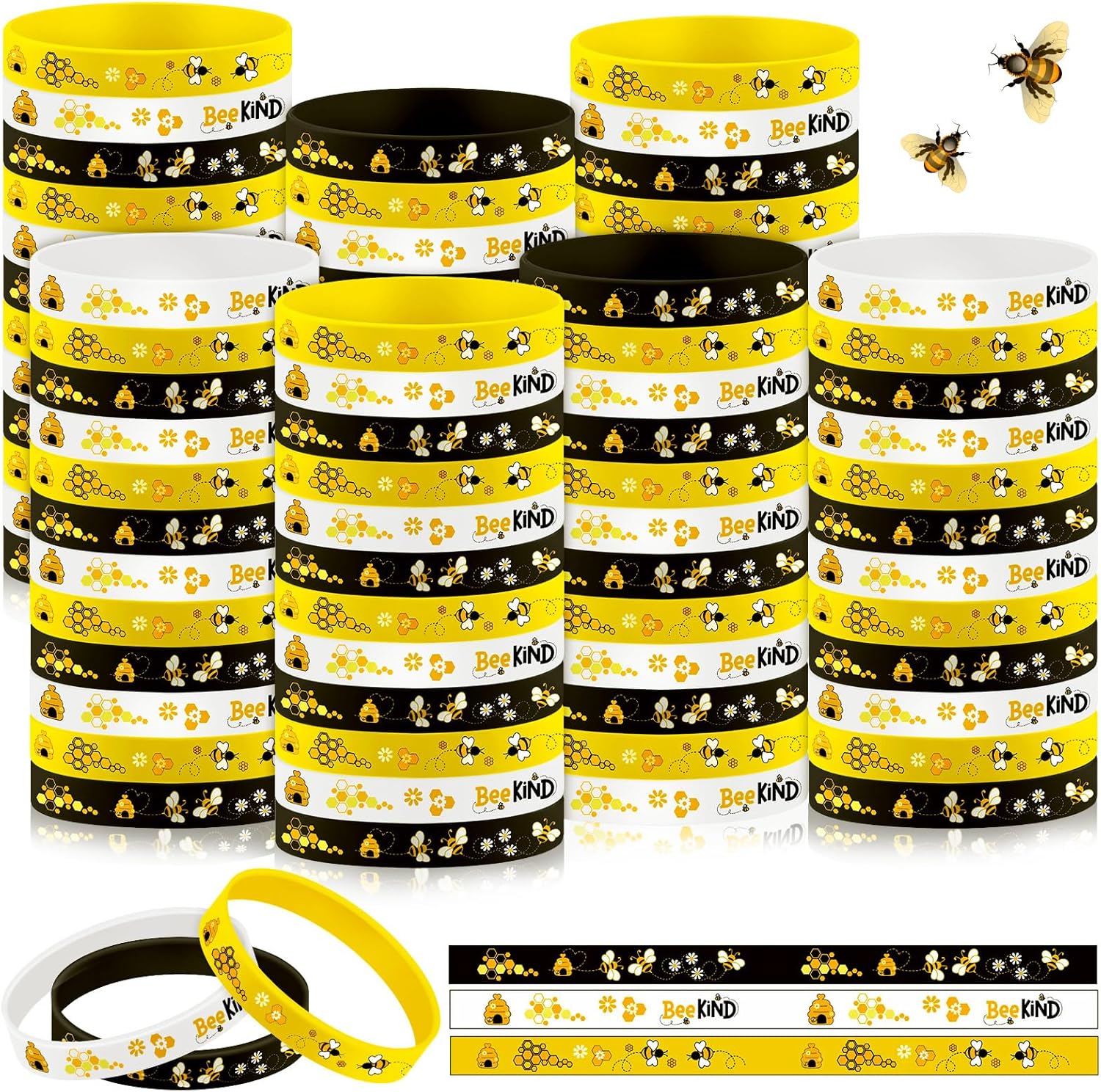 Poen 120 Pcs Bee Silicone Bracelets Bulk Assorted Color Honeybee Rubber Wristband for Summer Bee Theme Party Favors(Fresh Style)